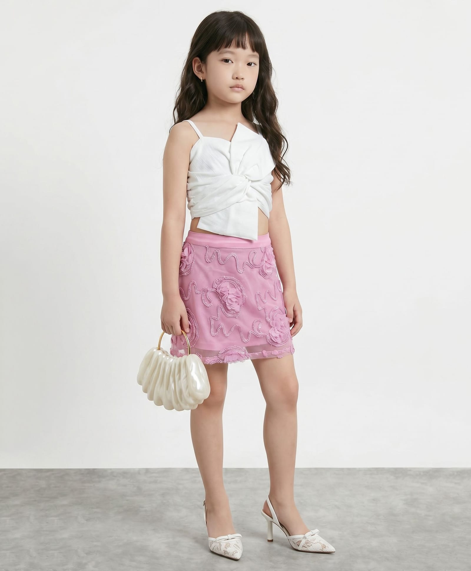 Taffykids Sleeveless Statement Bow Detail Crop Top & Embroidered Skirt Set With Floral Applique - White & Pink-picture-10