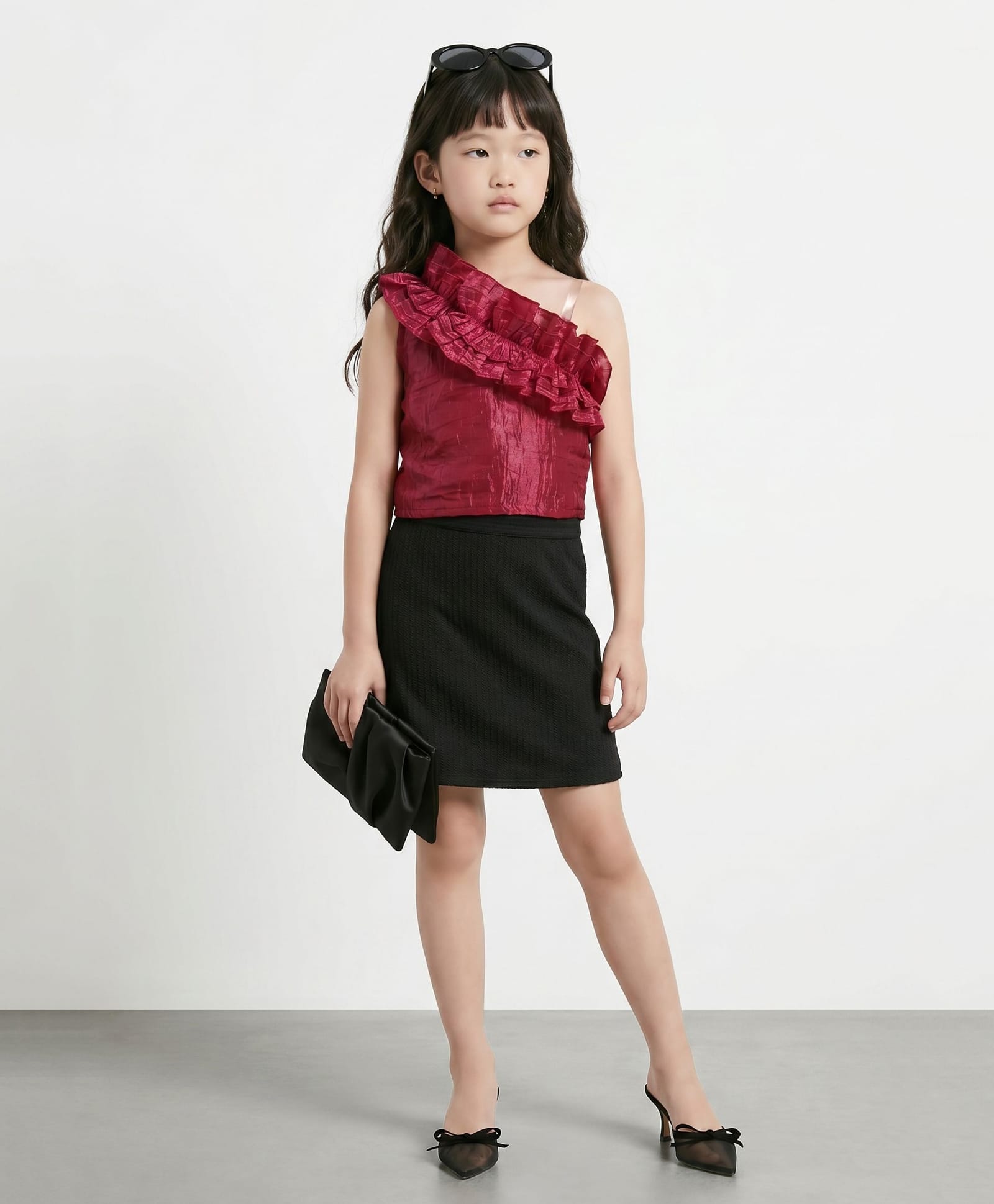 Taffykids Sleeveless One Shoulder Frill Detail Party Top & Skirt Set - Red & Black-picture-28