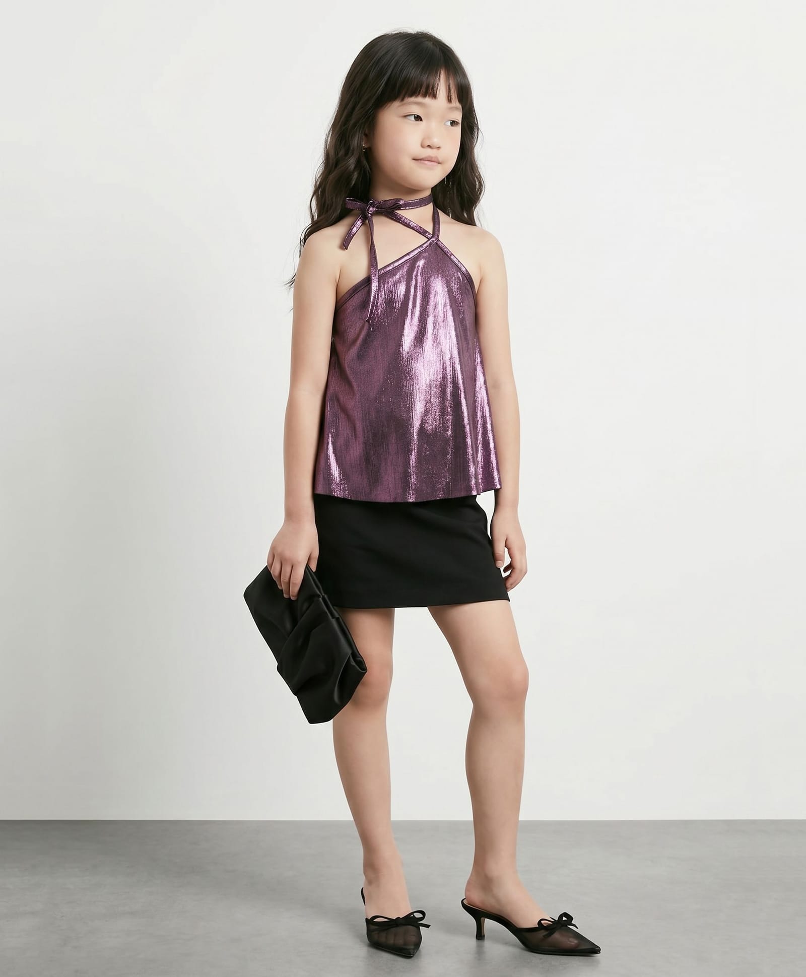 Taffykids Knit Sleeveless Asymmetric Hem Halter Tie Up Detail A Line Foil Printed Party Top - Pink-picture-3