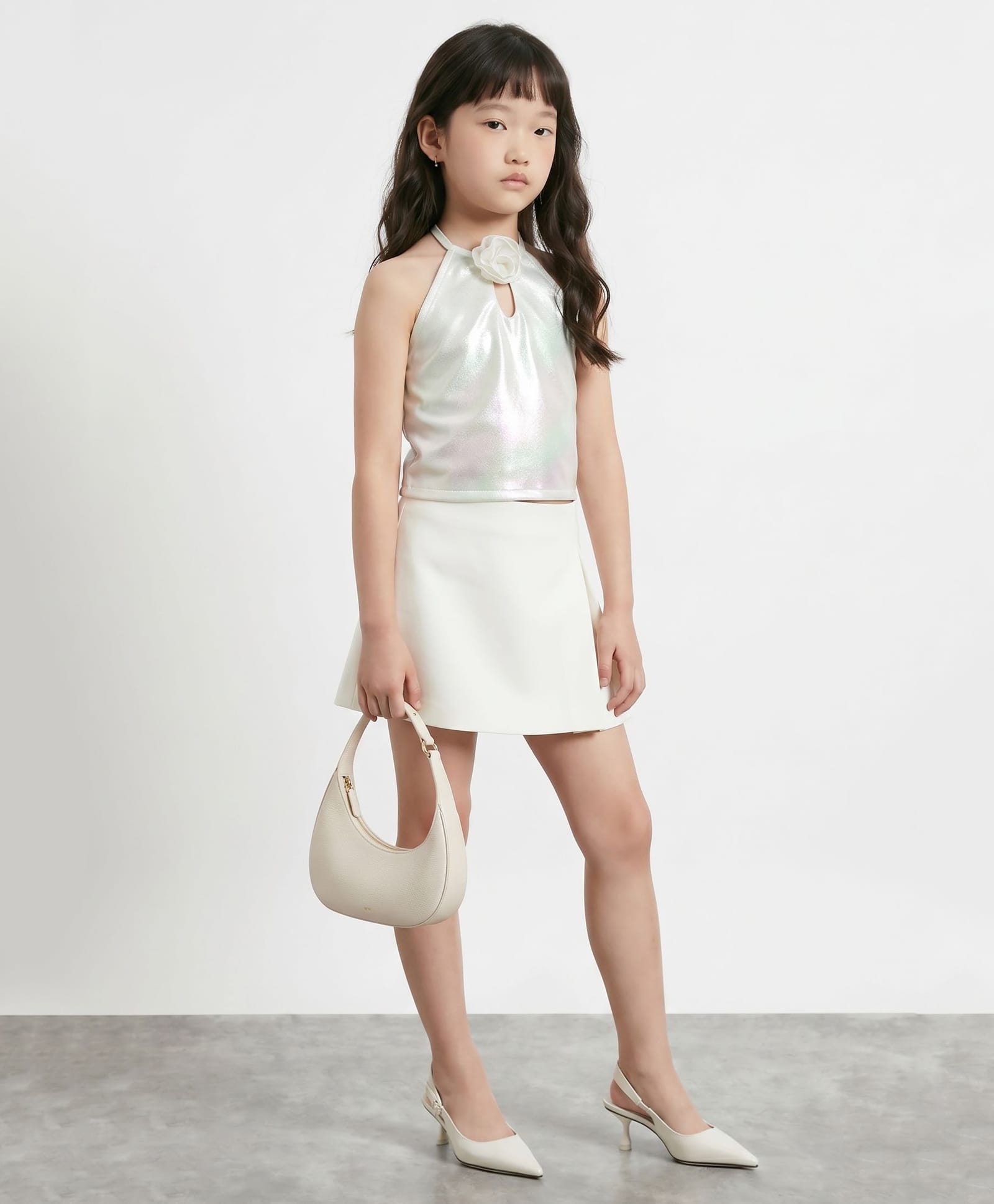 Taffykids Knit Sleeveless Holographic Rose Detail Party Top - White-picture-26