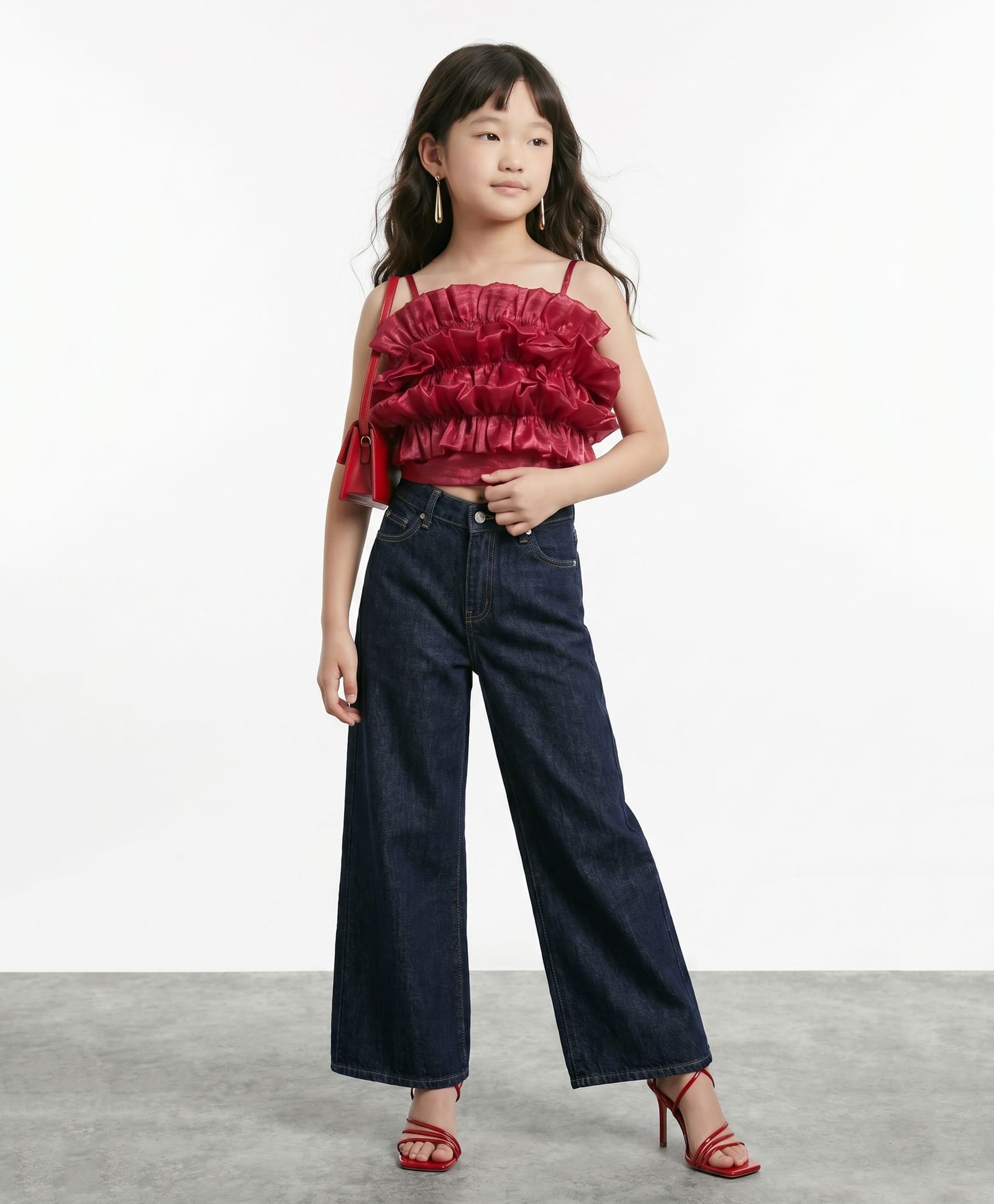 Taffykids Woven Sleeveless Organza Frill Detail Crop Party Top - Red-picture-9