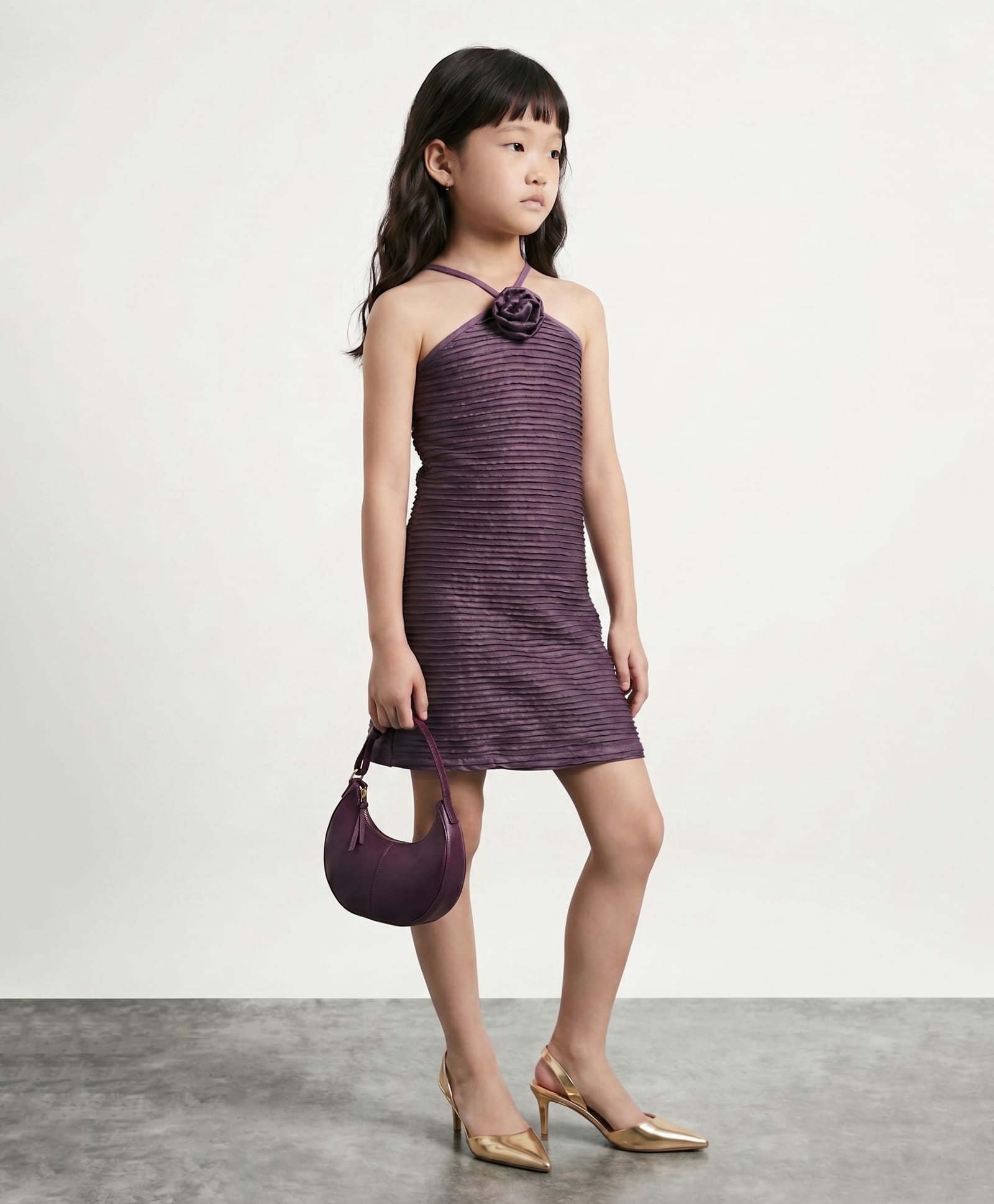 Taffykids Knit Sleeveless Pleated With Rose Detail A Line Party Dress - Wine-image-37