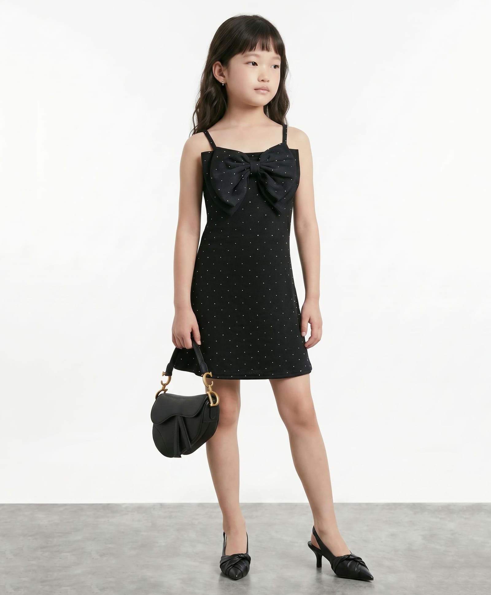 Taffykids Knit Sleeveless Allover Stones With Bow Applique Back Tie Up Dress - Black-picture-47