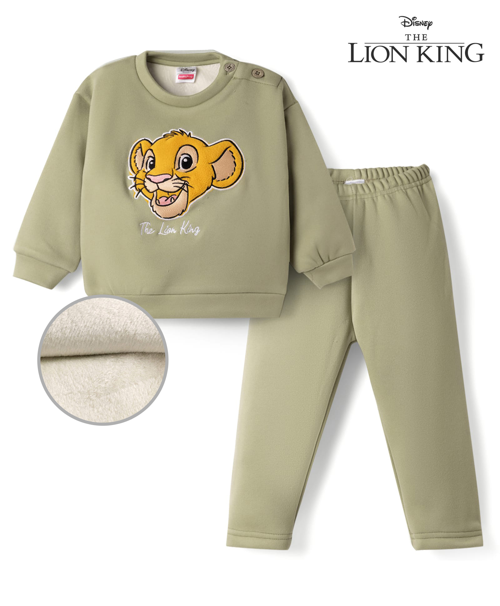 Babyhug Disney Fleece Knit Full Sleeves Winter Wear Suit With Lion King Embroidery - Olive Green-image-18