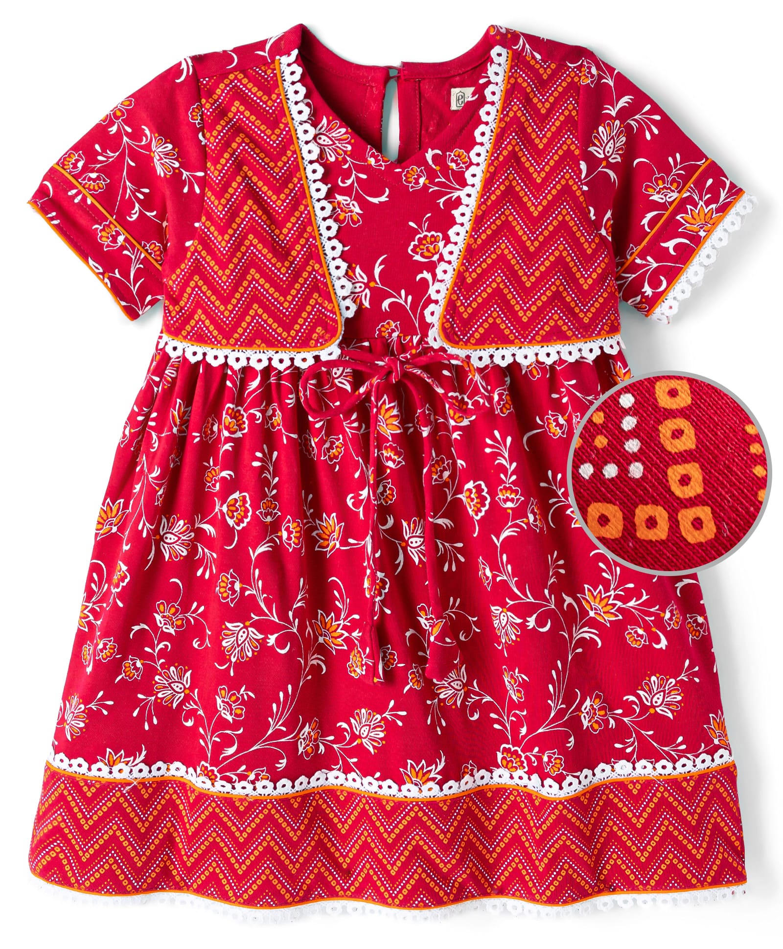 EARTHY TOUCH Cotton Knit Half Sleeves Floral Printed Ethnic Dress with Attached Jacket - Red-picture-19