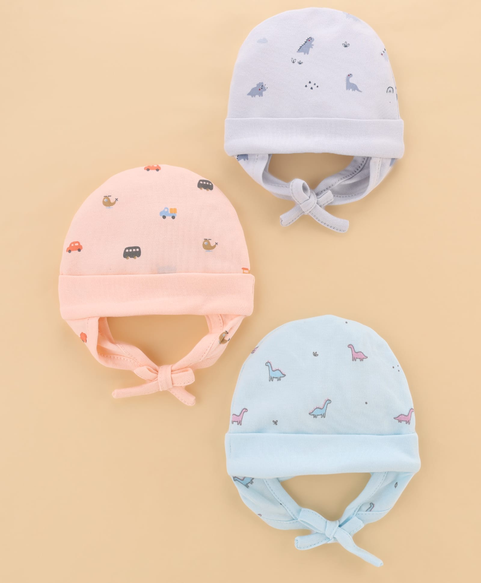 Simply Interlock Knit Cap With Vehicle & Dino Print Pack Of 3 Aqua Blue, Peach & Grey - Diameter 16 cm-image-48