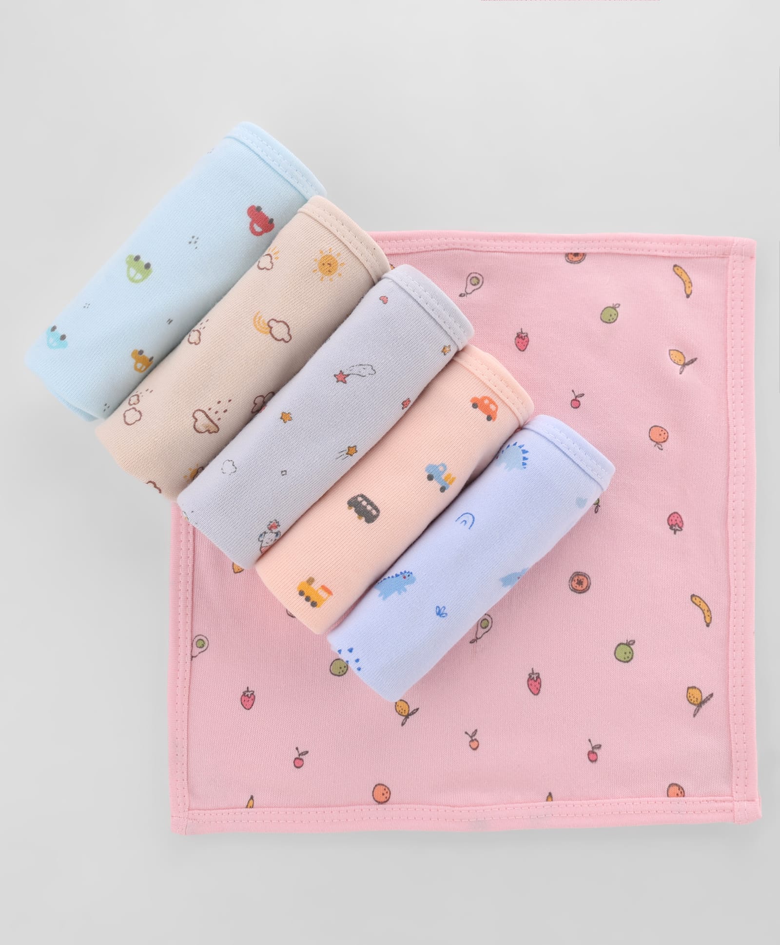 Simply Terry Knit Hand & Face Towels With Dino & Vehicle Print Pack Of 6 - Peach,Grey,Pink,Beige,Aqua,Sky-image-41