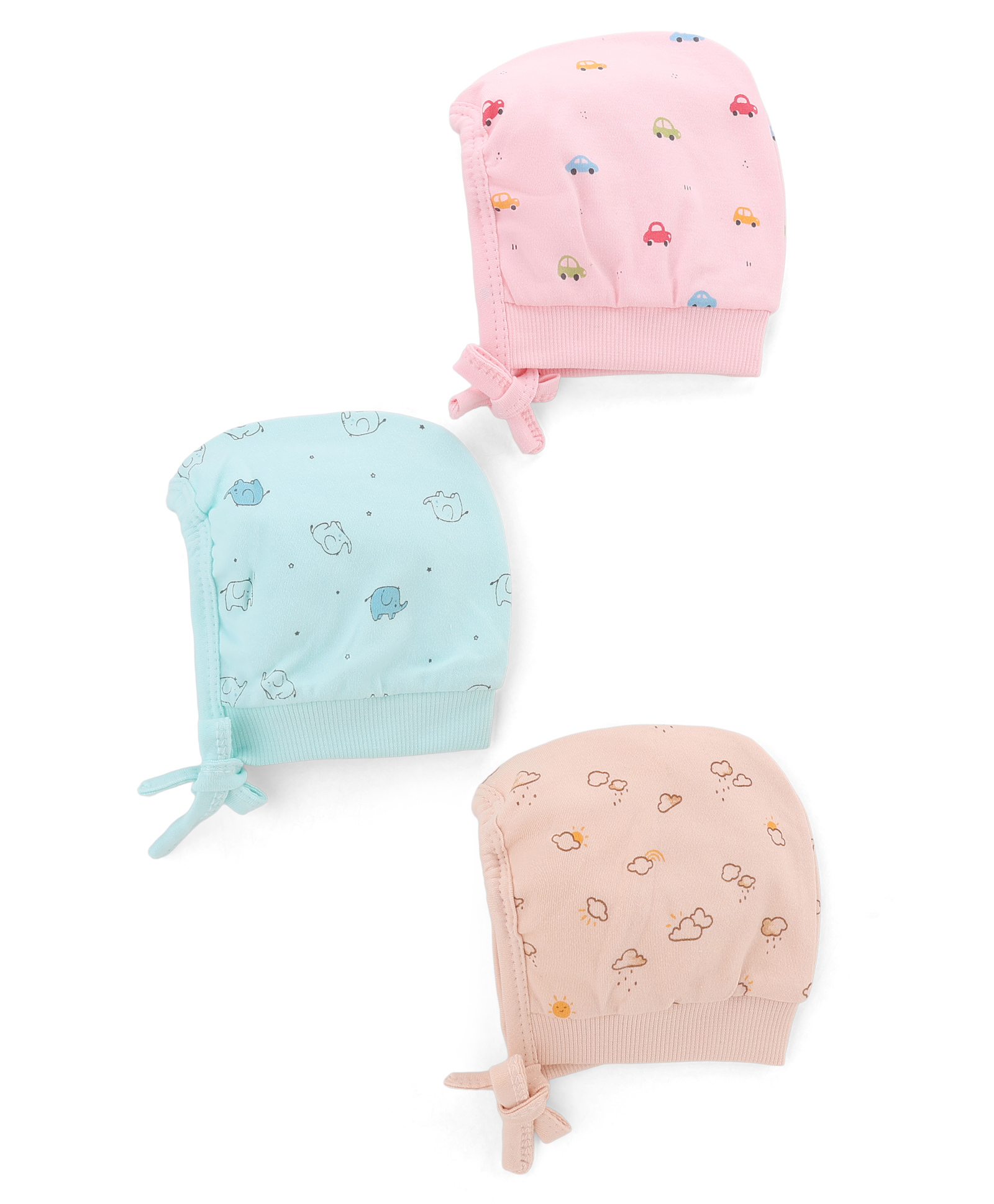Simply Interlock Knit Cap With Vehicle & Elephant Print Pack Of 3 Aqua Blue, Pink & Beige - Diameter 12 cm-image-47