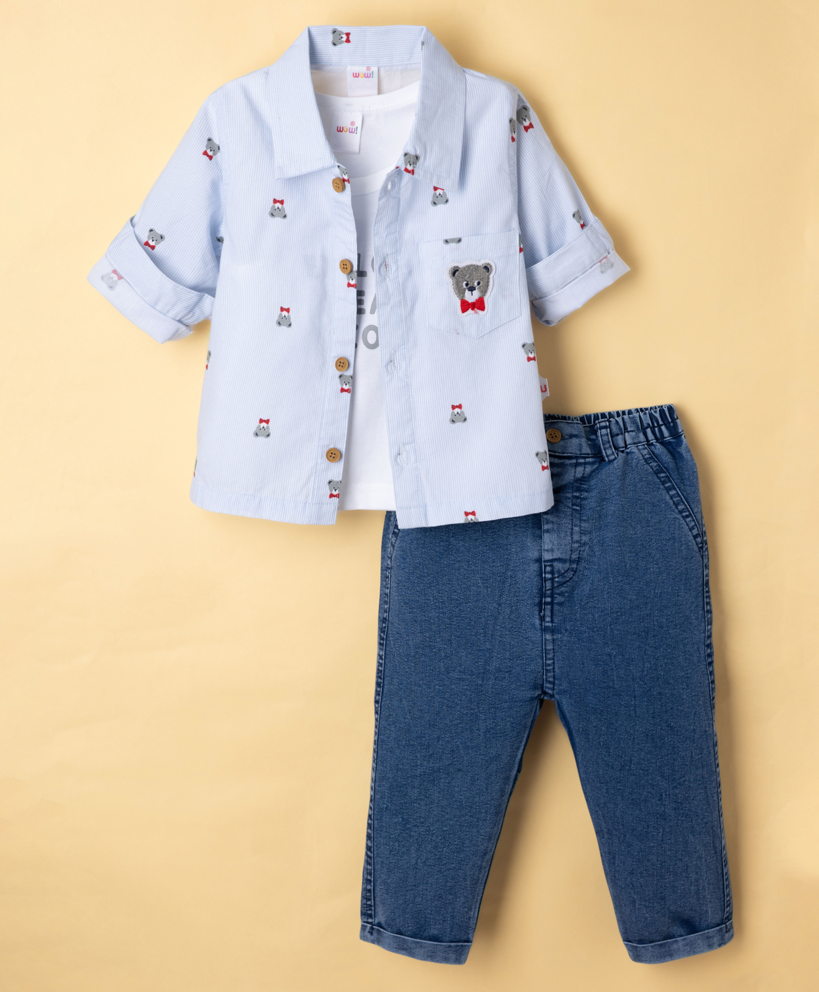 WOW Clothes Sinker Knit Full Sleeves Striped & Bear Printed Shirt & Jeans Set With Text Printed Inner Tank T-Shirt - Light Blue-image-36