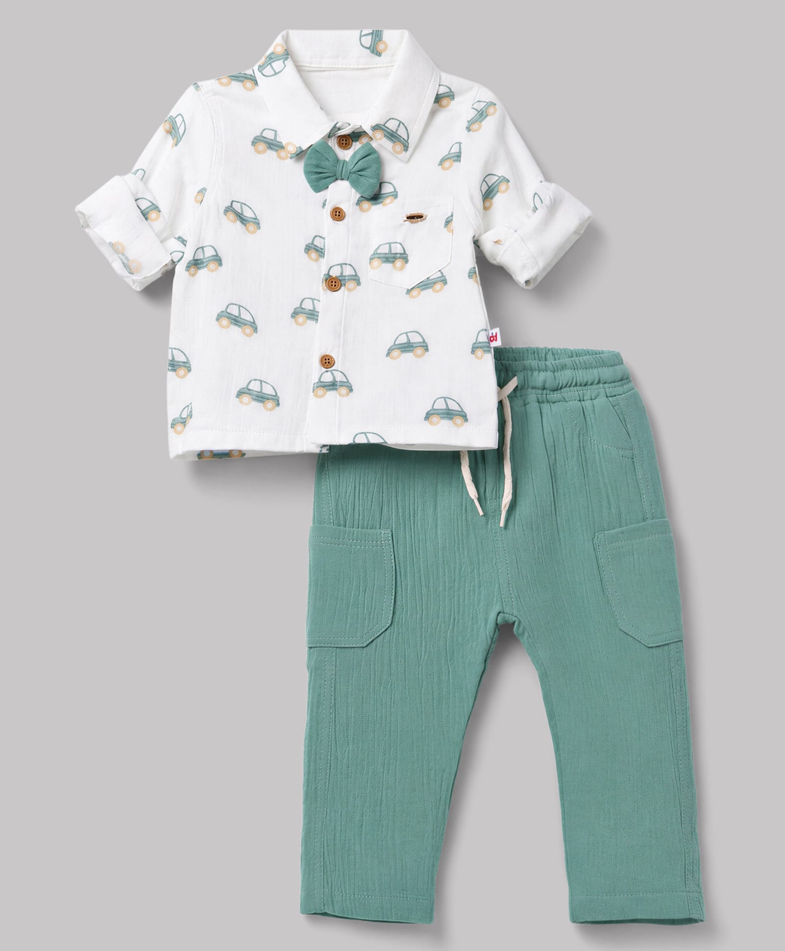 WOW Clothes Sinker Knit Half Sleeves Shirt With Car Print & Bow Applique & Pant Set - White & Green-picture-10