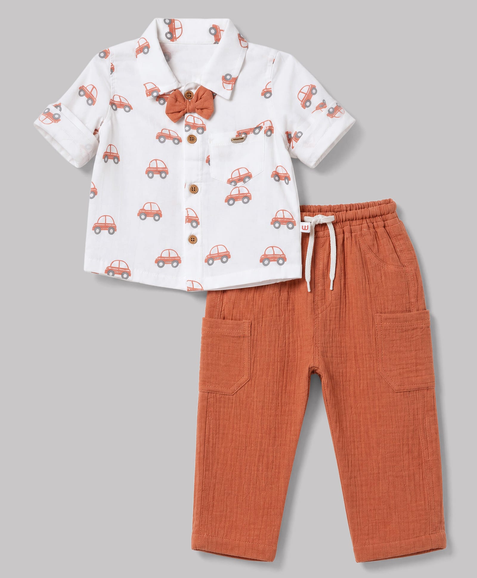 WOW Clothes Sinker Knit Half Sleeves Shirt With Car Print & Bow Applique & Pant Set - White & Rust Orange-image-29