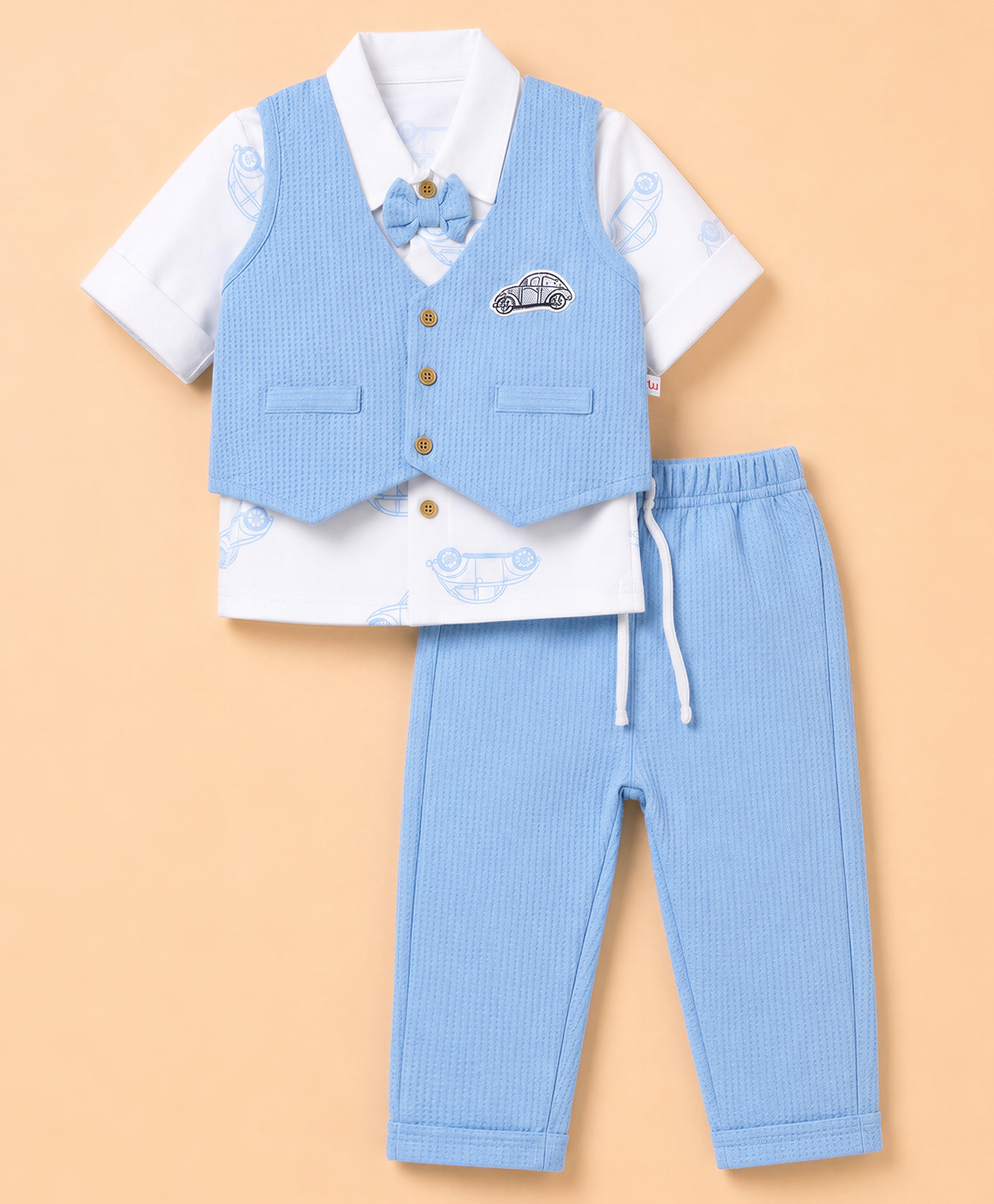 WOW Clothes Cotton Knit Full Sleeves Vehicles Printed Three Piece Party Suit With Bow Applique & Patch - Light Blue-picture-13