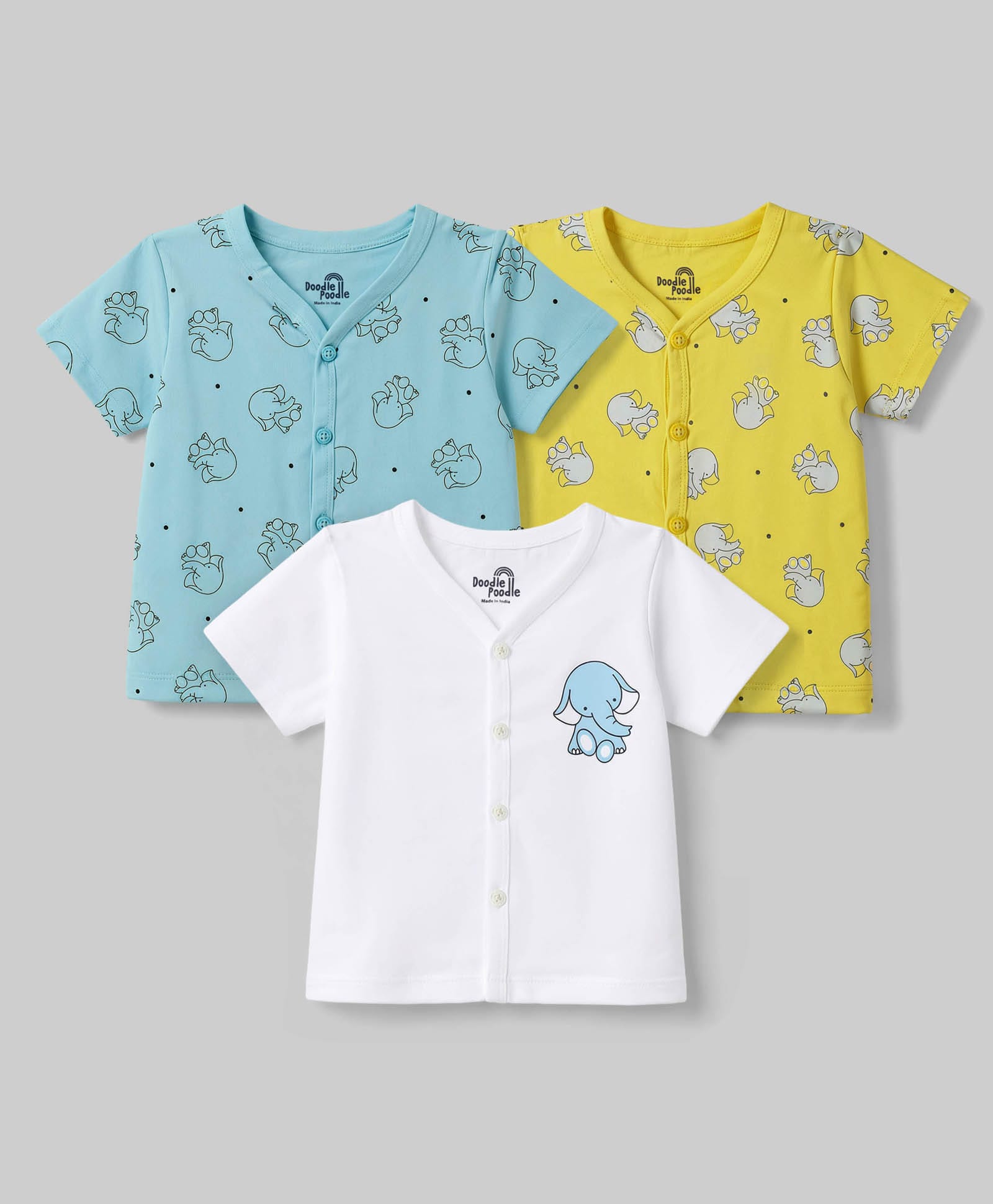 Doodle Poodle Single Jersey Knit Half Sleeves Jhablas With Elephant Print Pack Of 3- Yellow-picture-21