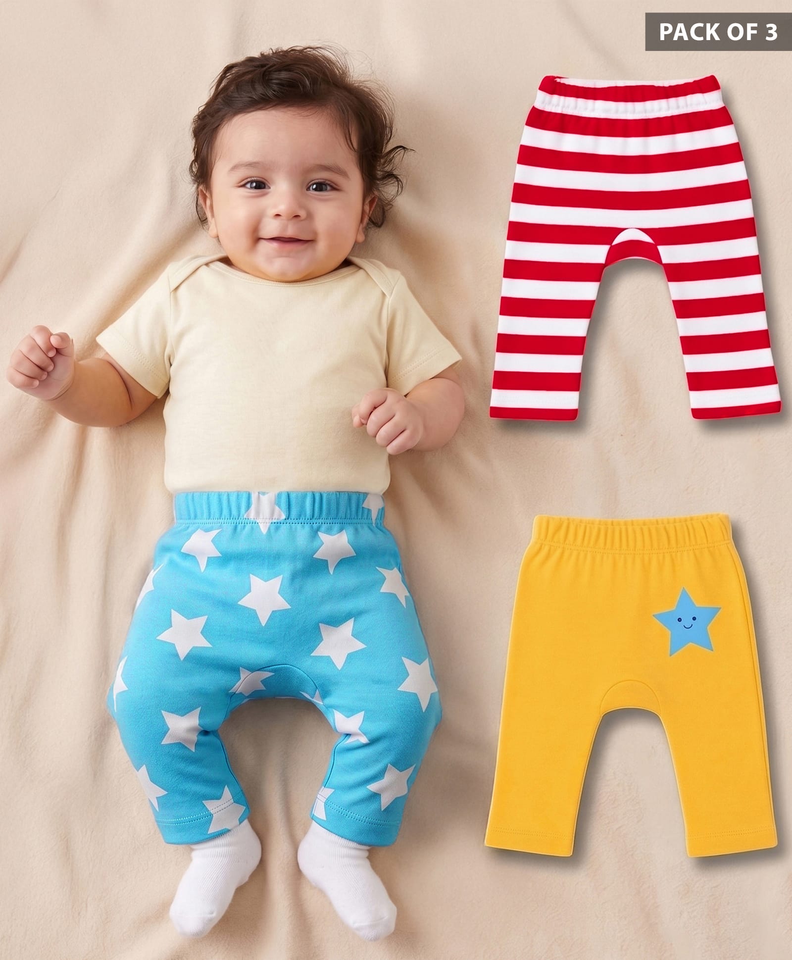 Babyhug Cotton Knit Full Length Diaper Leggings With Stripe & Star Print Pack Of 3 - Yellow Red & Light Blue-image-43