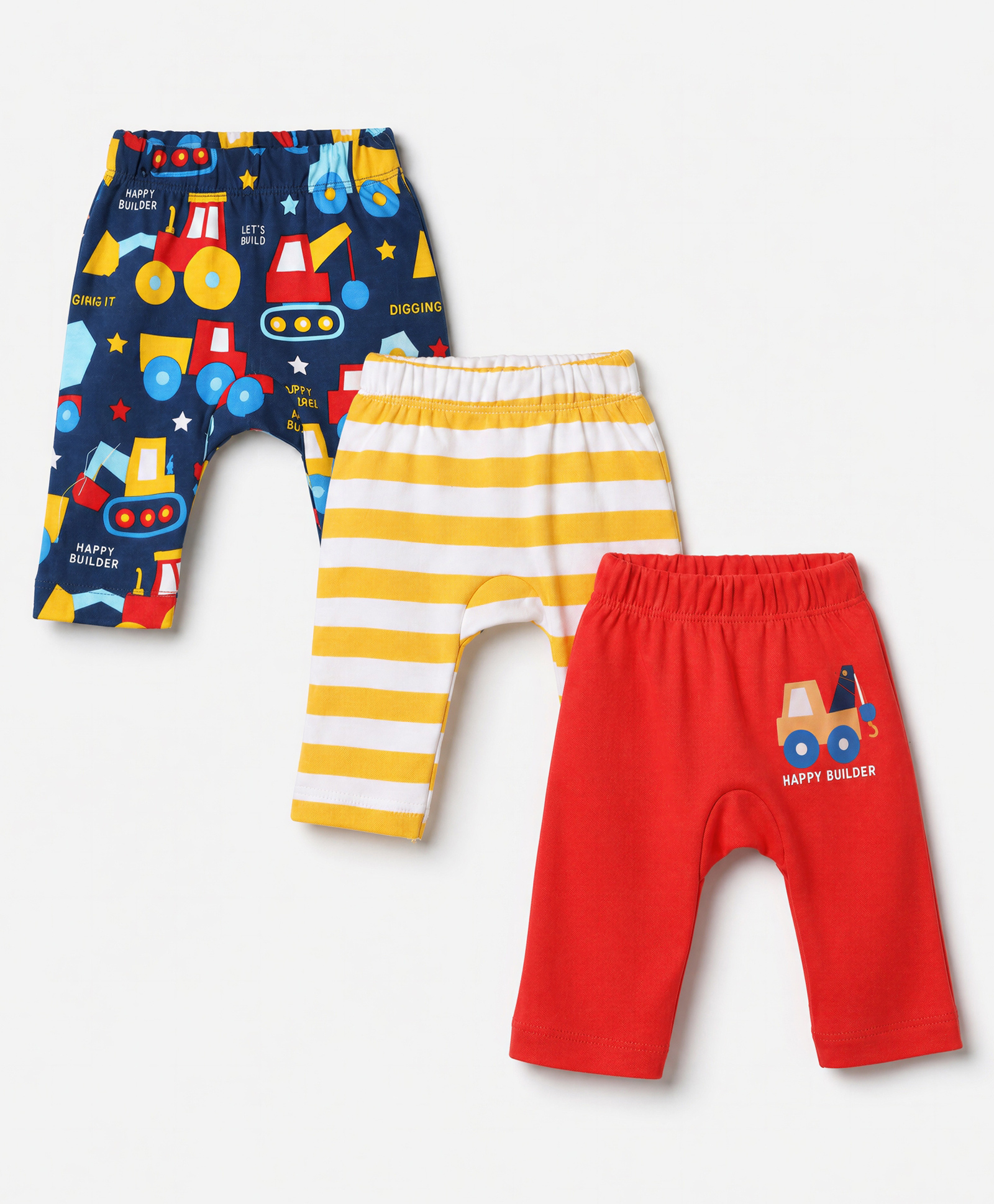 Babyhug Cotton Knit Full Length Striped & Costruction Vehicles Printed Diaper Leggings Pack Of 3 - Red Navy Blue & Yellow-image-41