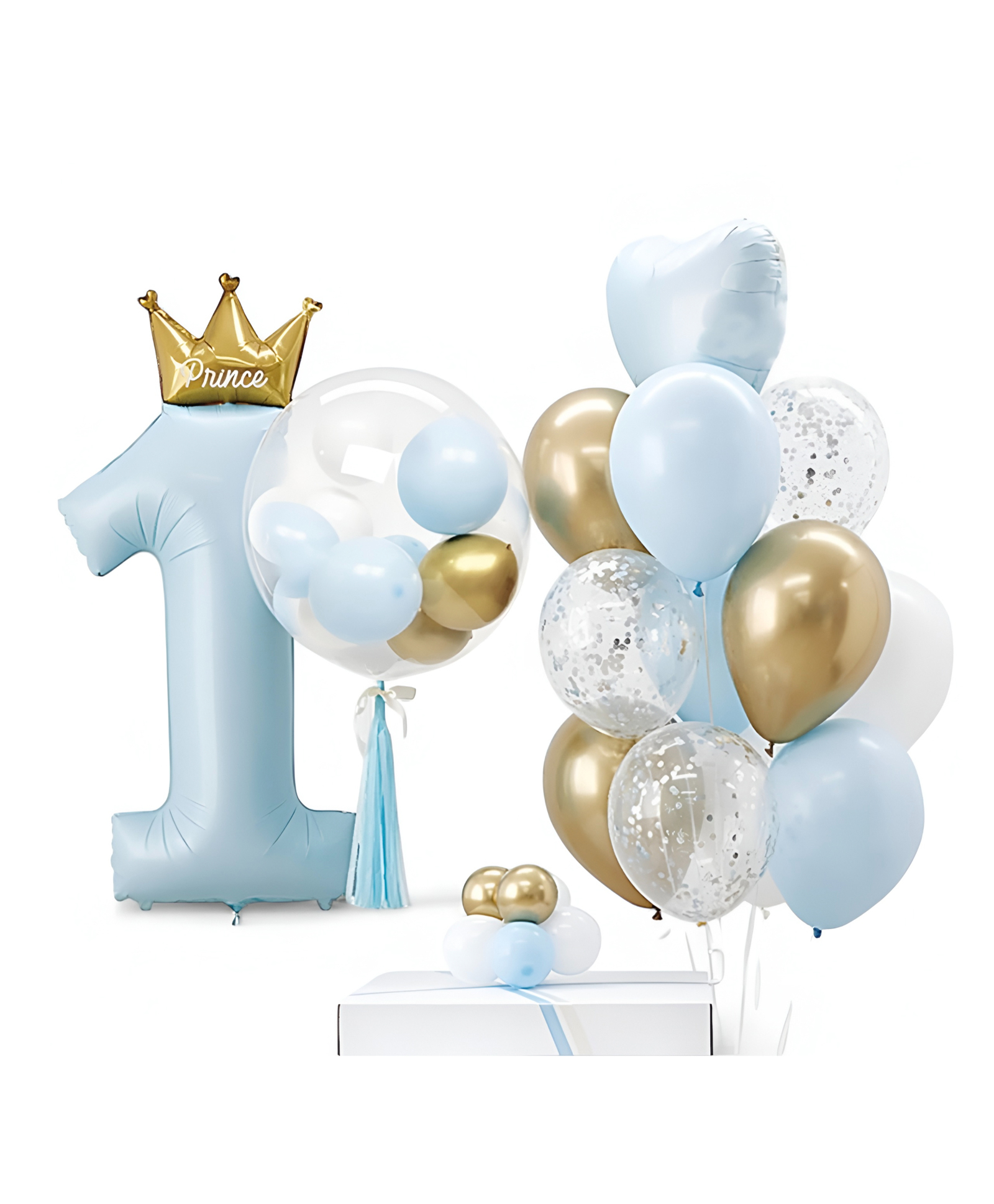NEGOCIO 24 Pcs Blue & Gold Balloon with Crown Foil,Heart & Confetti Balloon|First Birthday Party Photoshoot Decor|Prince Theme Balloon Bouquet- PACK OF 1- COLOR MAY VARY-image-29