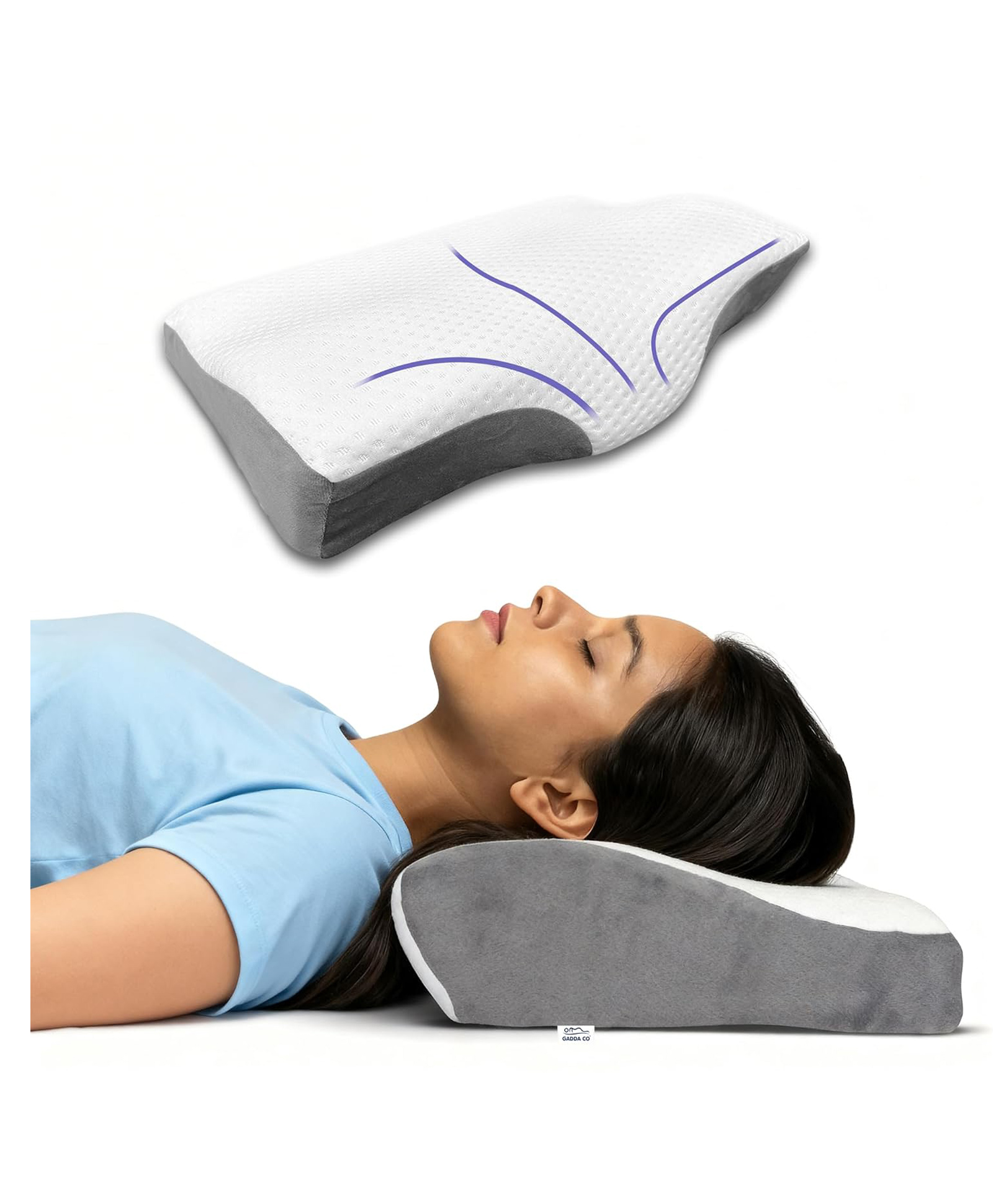 GADDA CO Cervical Pillow for Neck Pain,Orthopedic Memory Foam Pillow for Spondylitis, Neck & Shoulder Pain Relief, Butterfly Design, Sleeping Support, 18.5x10.5x3.5 in, White And Grey-image-8