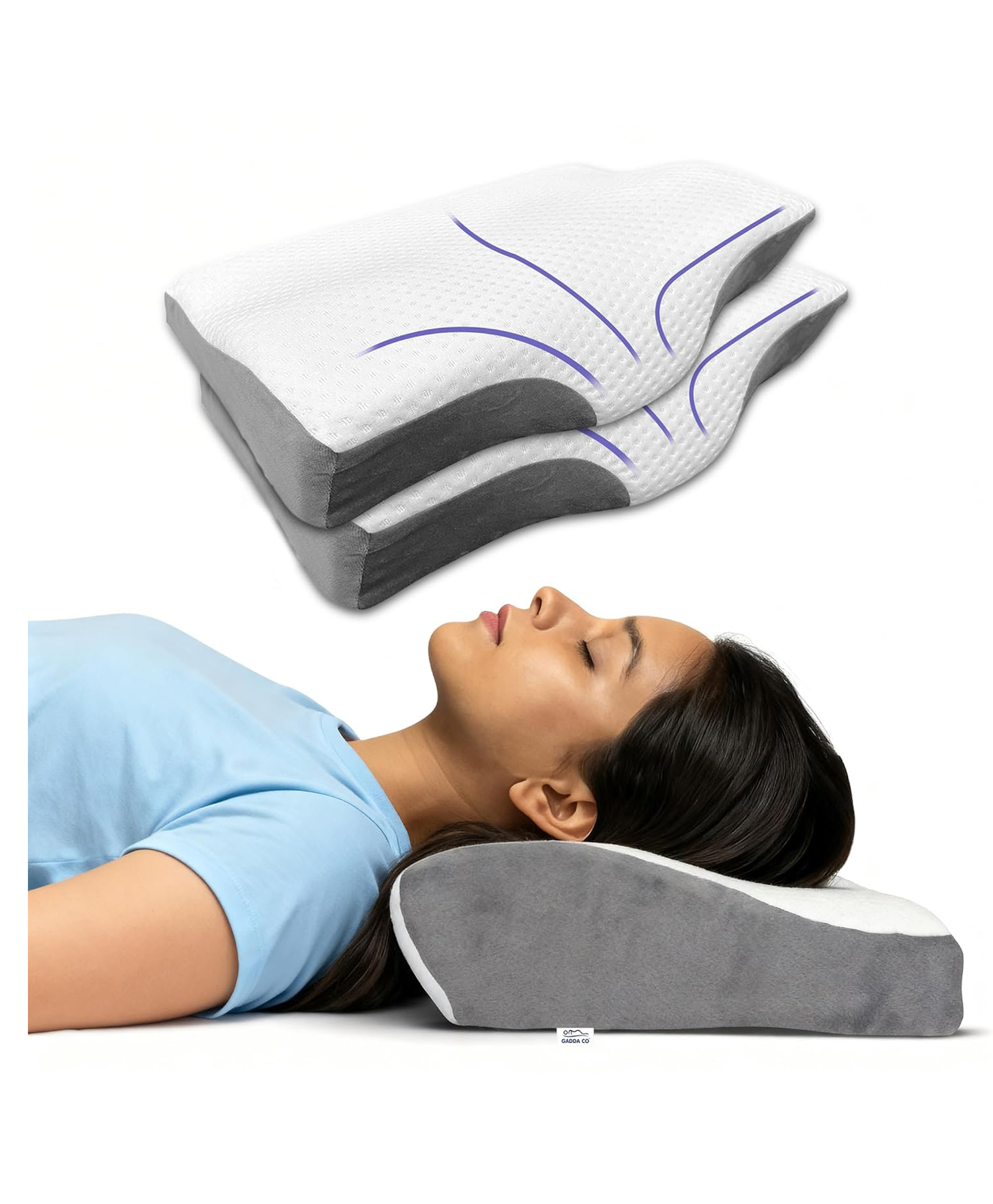 GADDA CO Cervical Pillow for Neck Pain, Orthopedic Memory Foam Pillow for Spondylitis, Neck And Shoulder Pain Relief, Butterfly Design, 18.5x10.5x3.5 in, White And Grey, 2-Year Warranty- Pack of 2-image-9