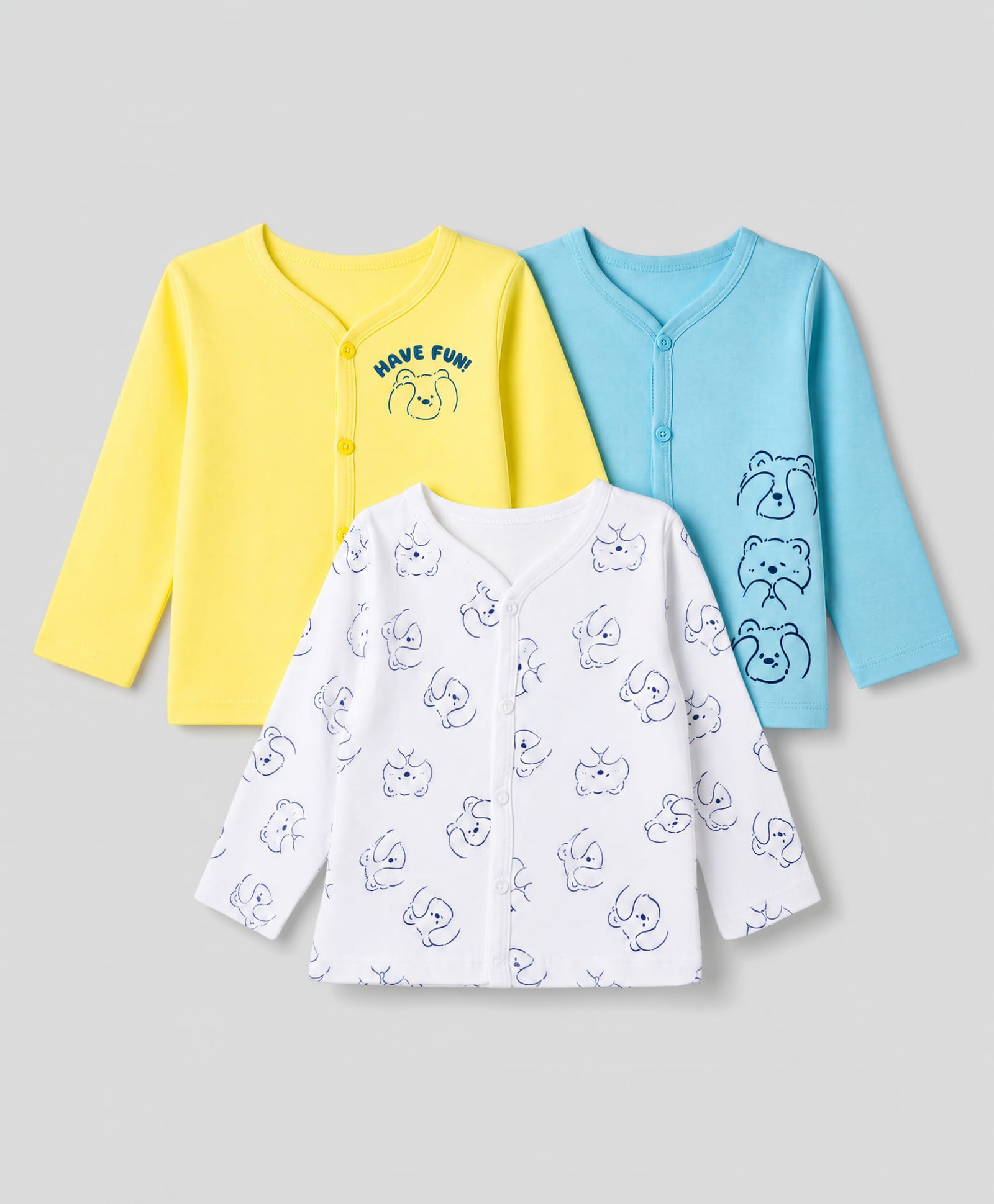 Doodle Poodle 100% Cotton Single Jersey Knit Full Sleeves Teddy Bear Printed Jhablas Pack of 3 - Light Blue, White & Yellow-picture-15