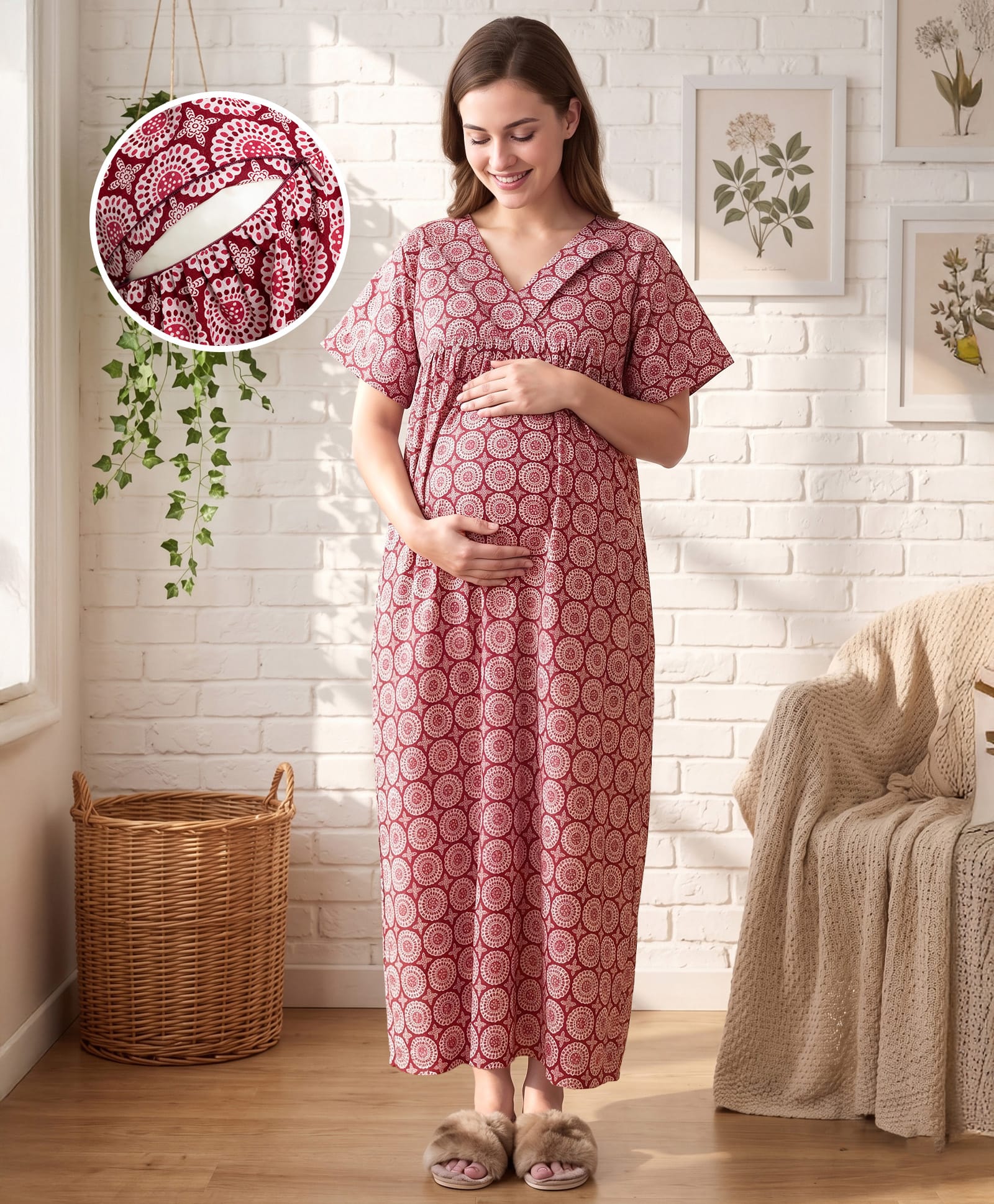 Bella Mama Cotton Woven Half Sleeves Nighty with Floral Print - Maroon-image-19