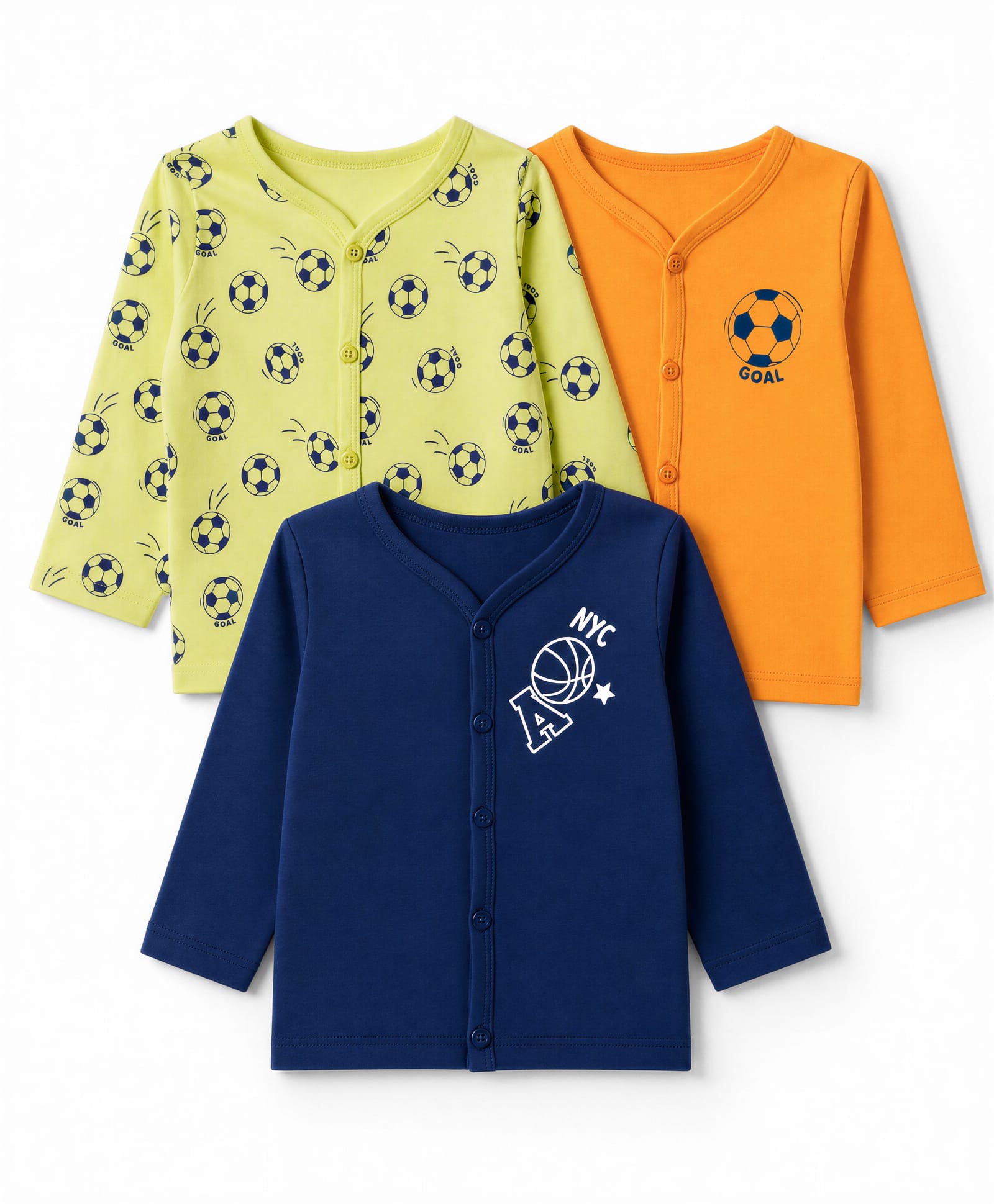 Doodle Poodle 100% Cotton Single Jersey Knit Full Sleeves Football Printed Jhablas Pack of 3 - Orange, Navy Blue & Lime Green-picture-43