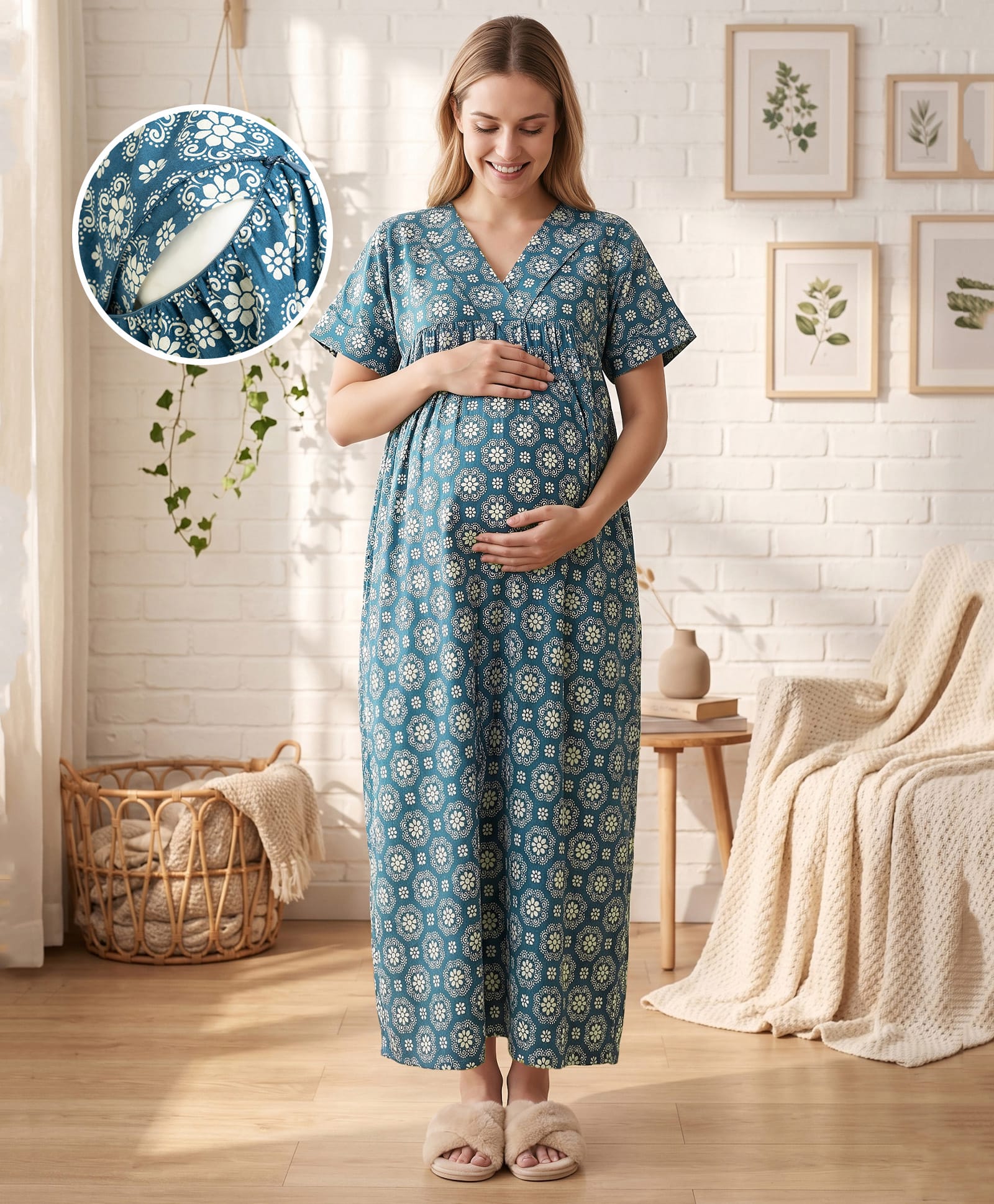 Bella Mama Cotton Woven Half Sleeves Nighty with Floral Print - Blue-picture-32