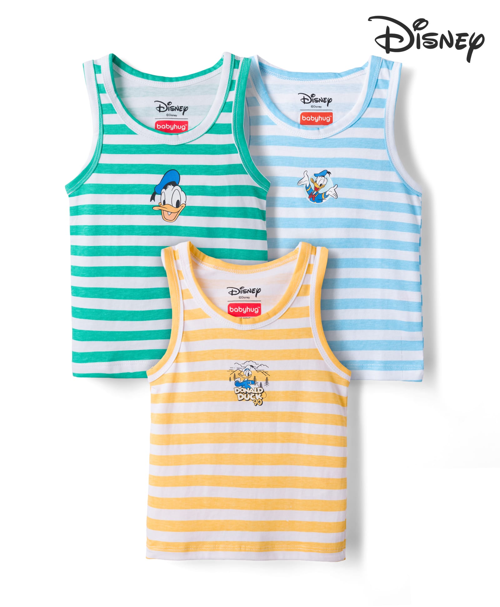 Babyhug Disney Interlock Knit Sleeveless Striped Vest with Mickey and Friends Graphics Pack of 3- Peach & Green-image-24
