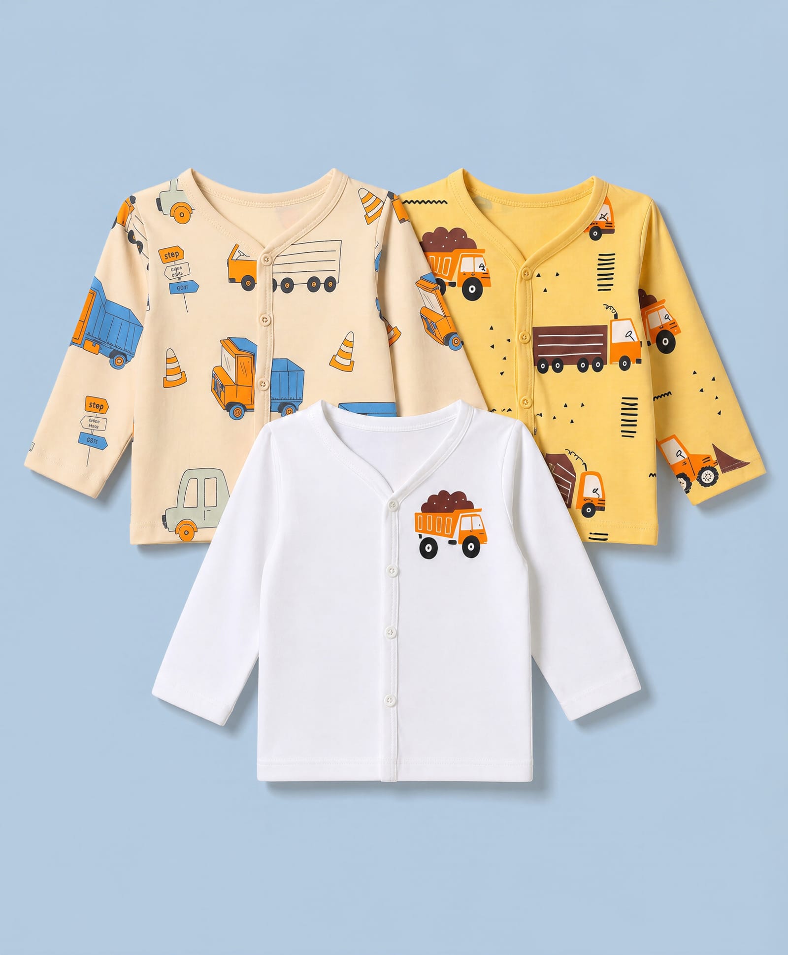 Doodle Poodle 100% Cotton Single Jersey Knit Full Sleeves Vehicle Printed Jhablas Pack of 3 - Beige, White & Yellow-picture-28