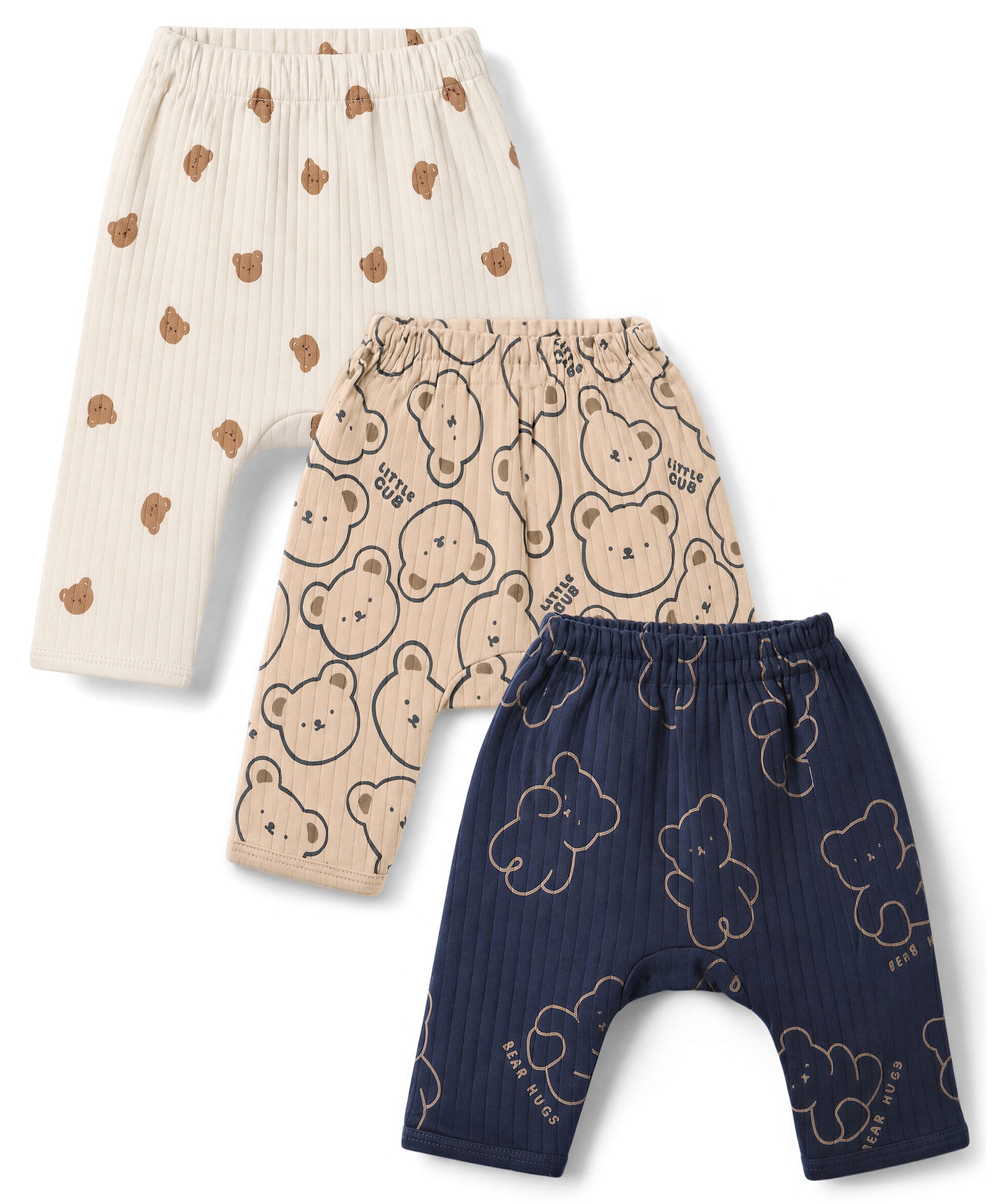 Simply Cotton Knit Full Length Bear Printed Diaper Leggings Pack Of 3 - Navy Blue Beige & OffWhite-picture-17