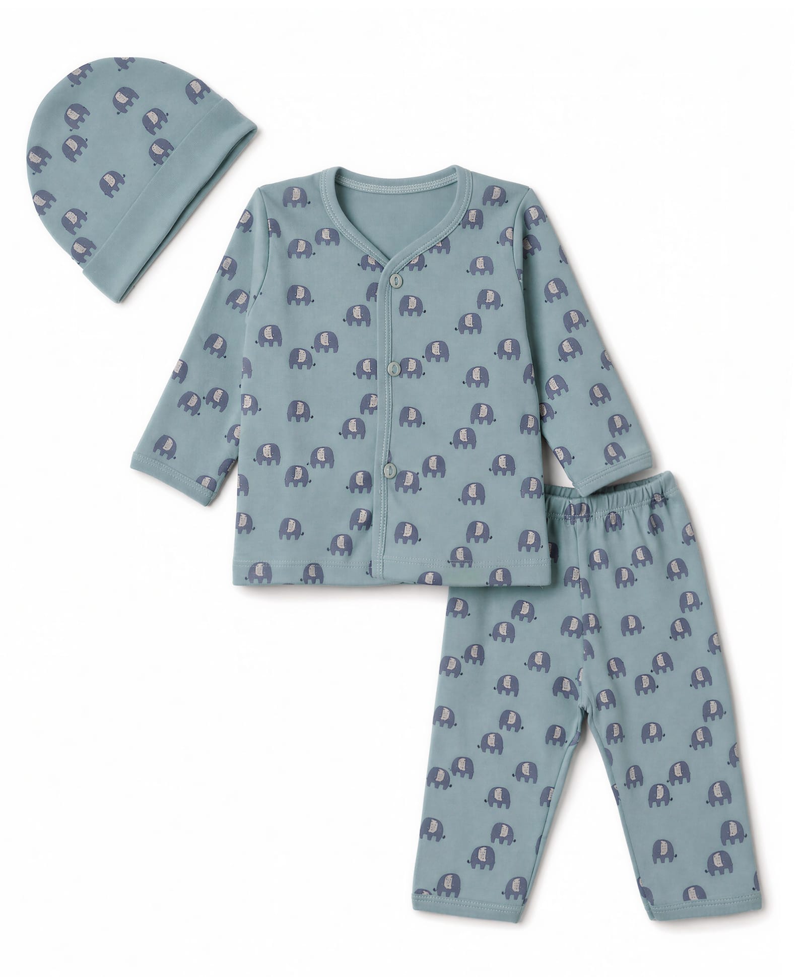 Simply Interlock Knit Full Sleeves Co-Ords Elephant Printed T-Shirt & Pyjama Night Suit with Cap - Teal Blue-image-42