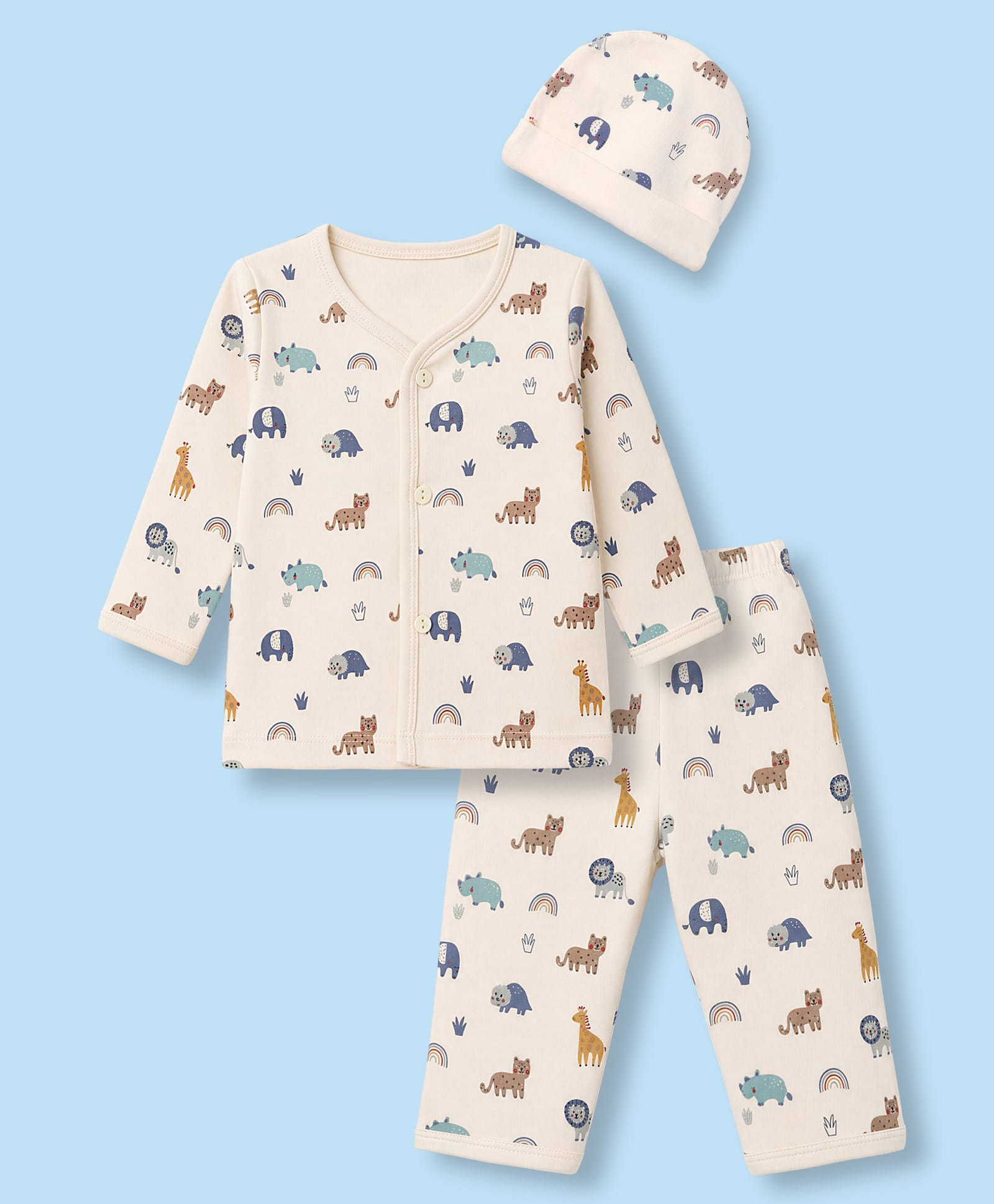 Simply Interlock Knit Full Sleeves Co-Ords Animal Printed T-Shirt & Pyjama Night Suit with Cap - Cream-picture-12