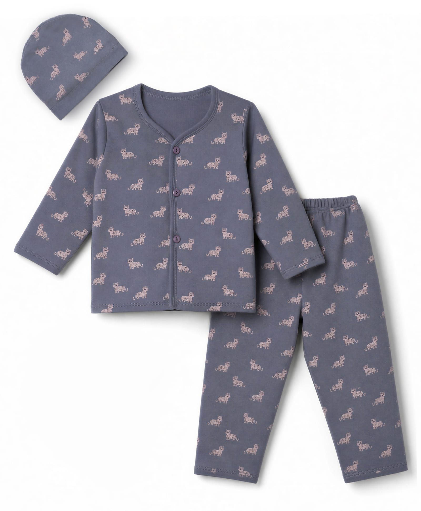 Simply Interlock Knit Full Sleeves Co-Ords Leopard Printed T-Shirt & Pyjama Night Suit with Cap - Grey-image-48