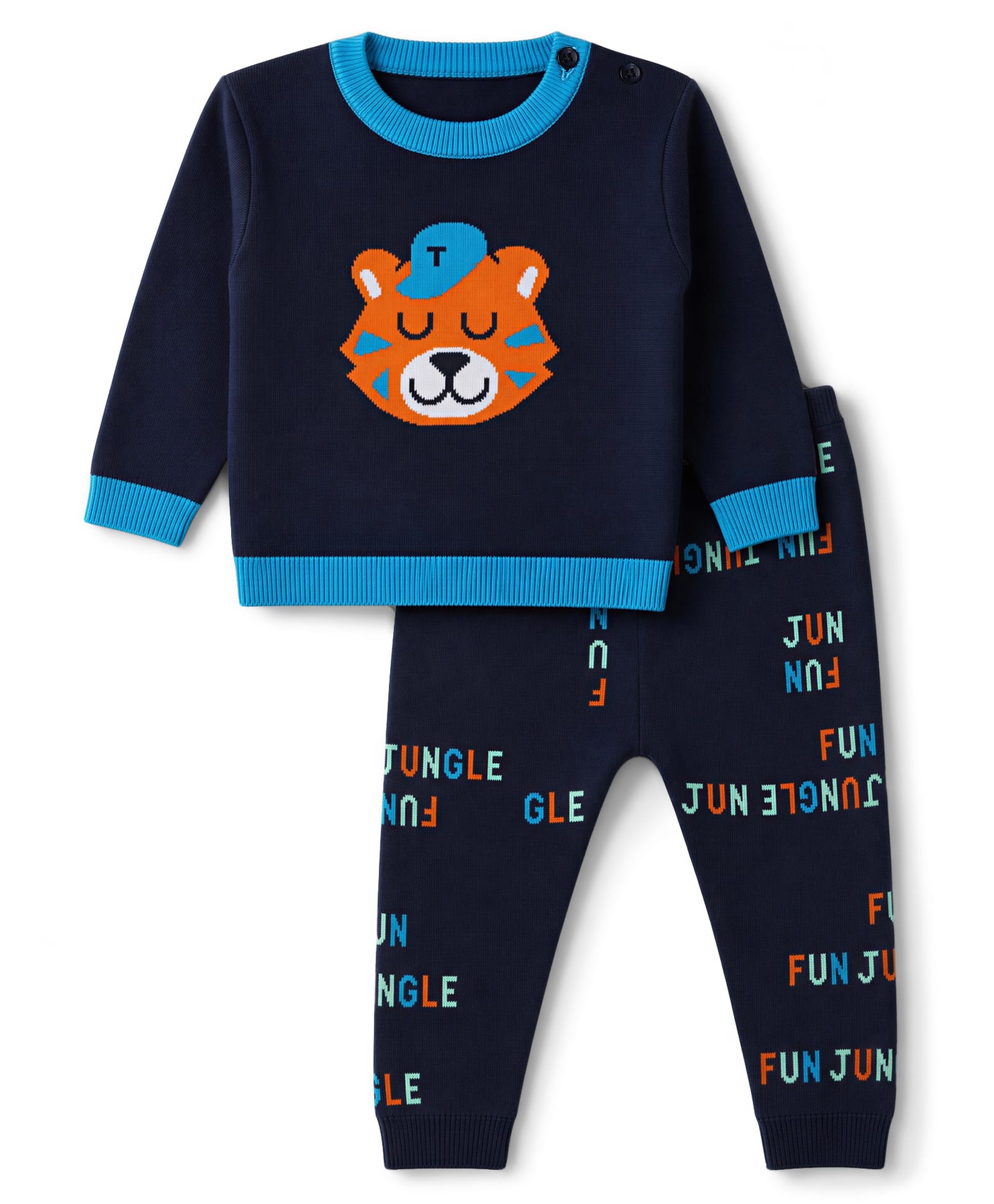 Simply Knitted Full Sleeves Sweater Set With Tiger Design - Blue-picture-16