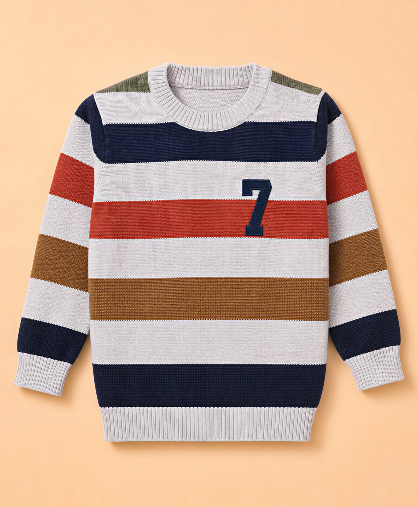 Simply Knit Full Sleeves Striped Pullover with Number Applique - Grey-image-49