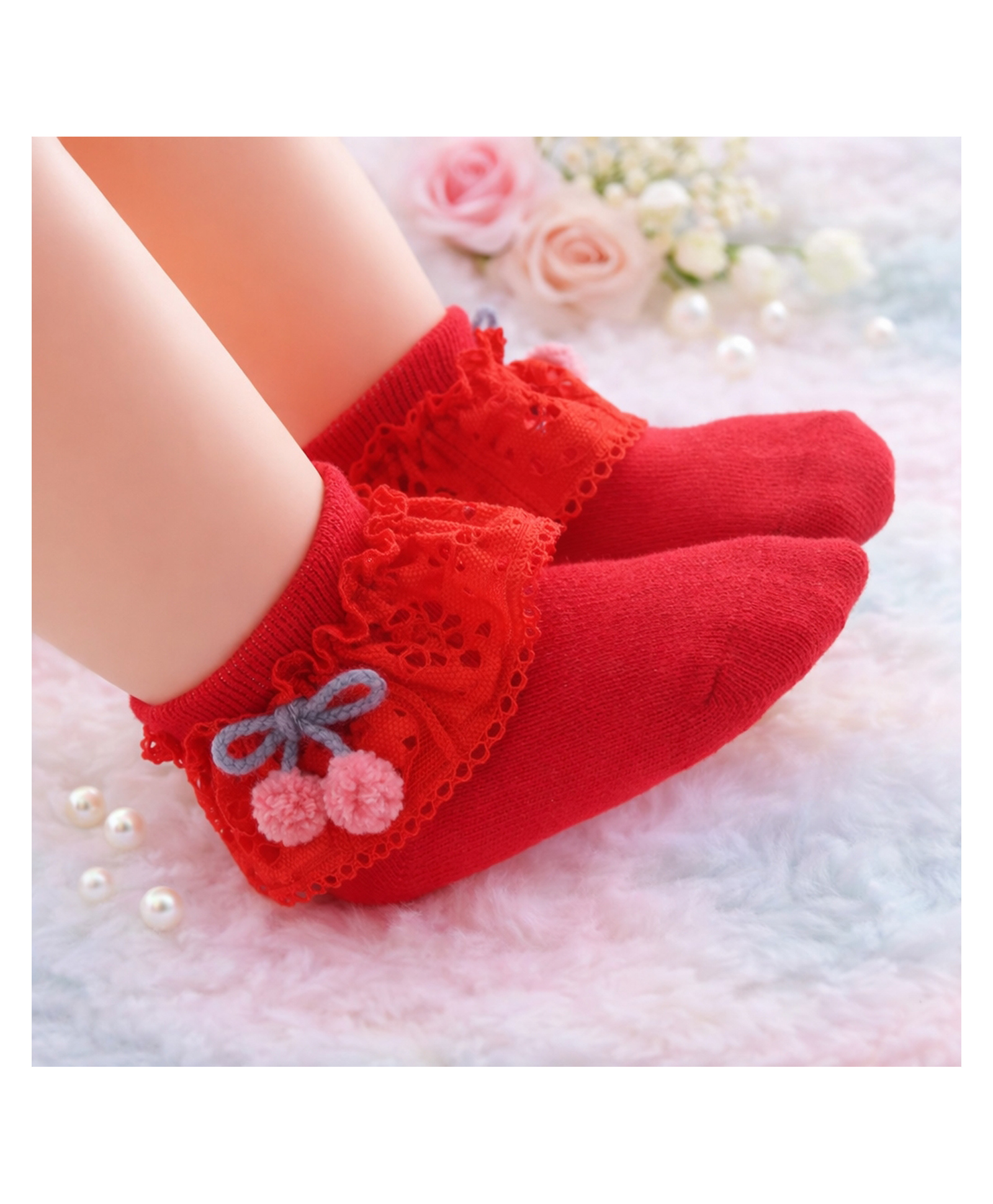 Flaunt Chic Cotton Blend Knit Schiffli Embroidered Frill Detailed Socks - Red-image-41