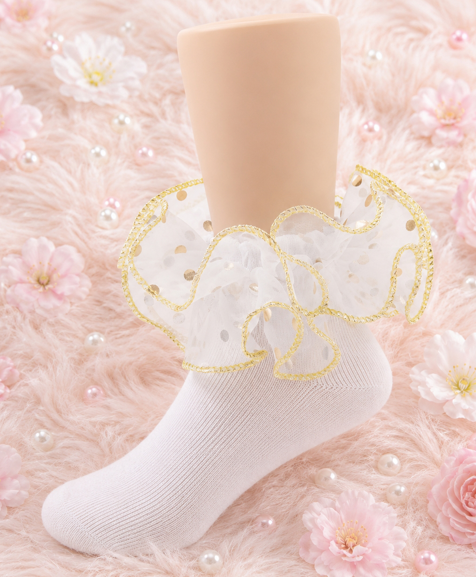 Flaunt Chic Cotton Blend Knit Polka Dots Printed Frill Detailed Socks - Gold-image-35
