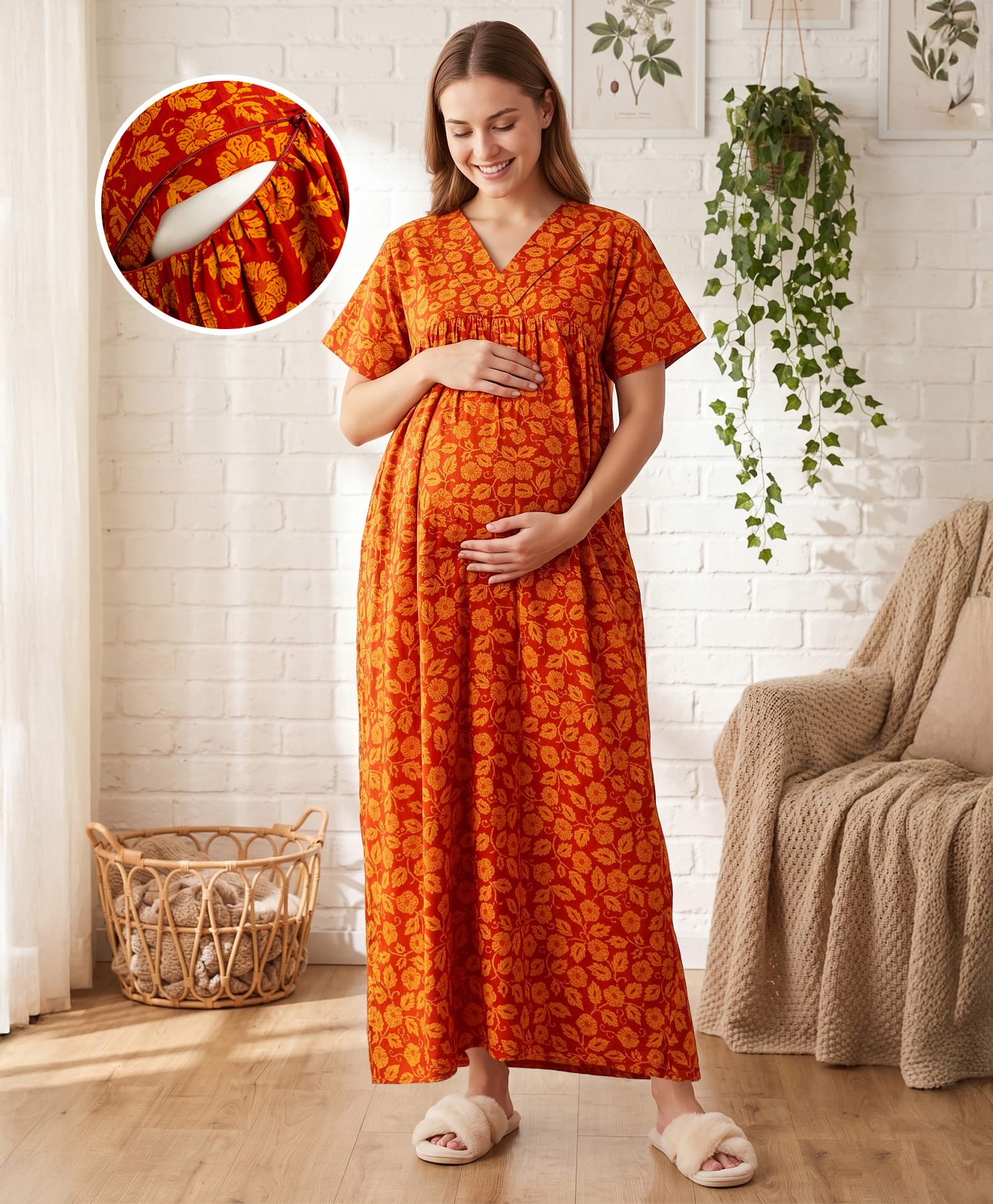 Bella Mama Cotton Woven Half Sleeves Nighty with Floral Print - Red-picture-28