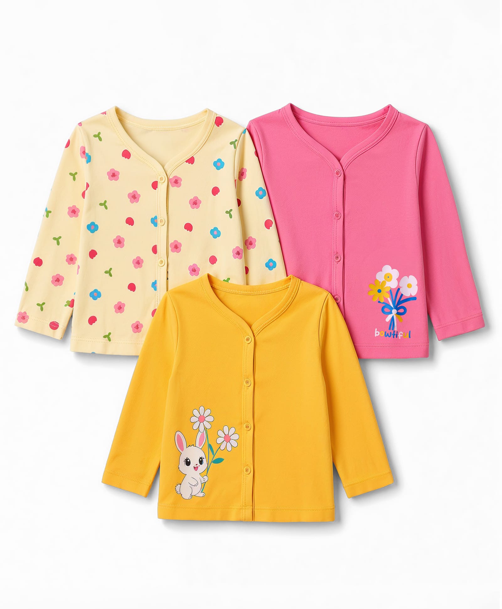 Doodle Poodle 100% Cotton Single Jersey Knit Full Sleeves Floral & Bunny Printed Jhablas Pack of 3 - Pink, Yellow & Cream-picture-2