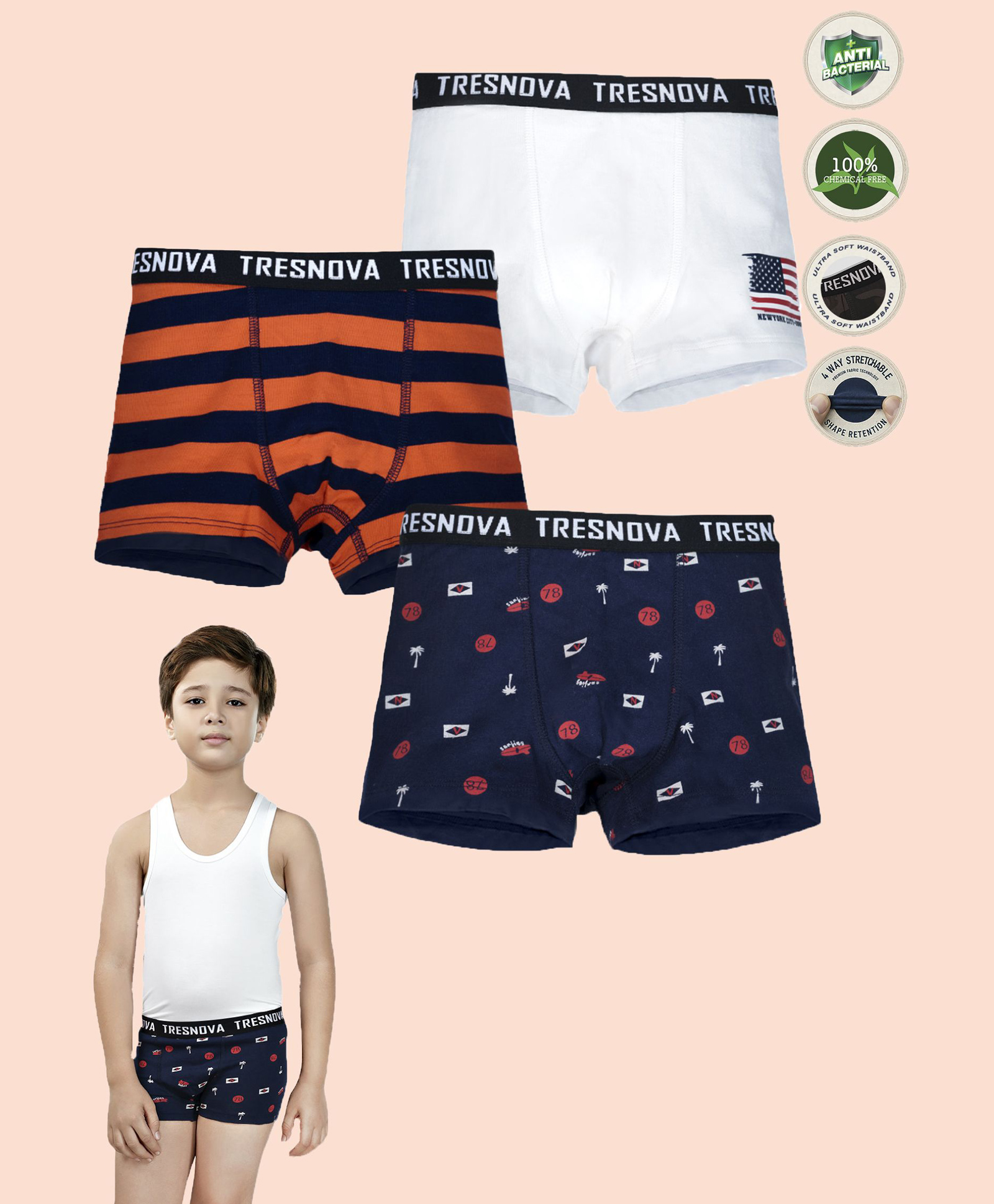 TRESNOVA Cotton Lycra Knit Pack Of 3 Striped Tree & Number Printed Boxers - Navy Blue Orange & White-picture-12