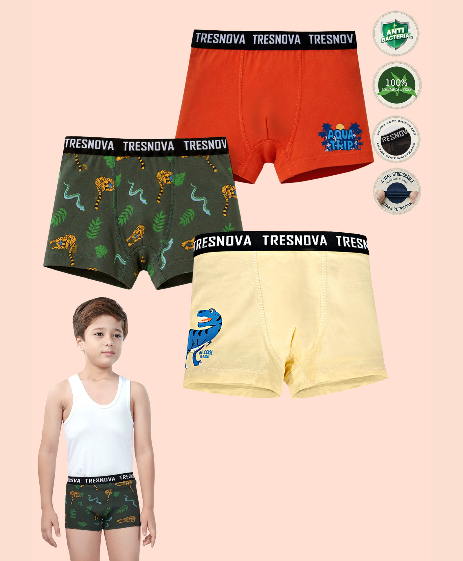 TRESNOVA Cotton Lycra Knit Pack Of 3 Jungle Theme Dinosaur & Typography Printed Boxers - Green Orange & Yellow-picture-12