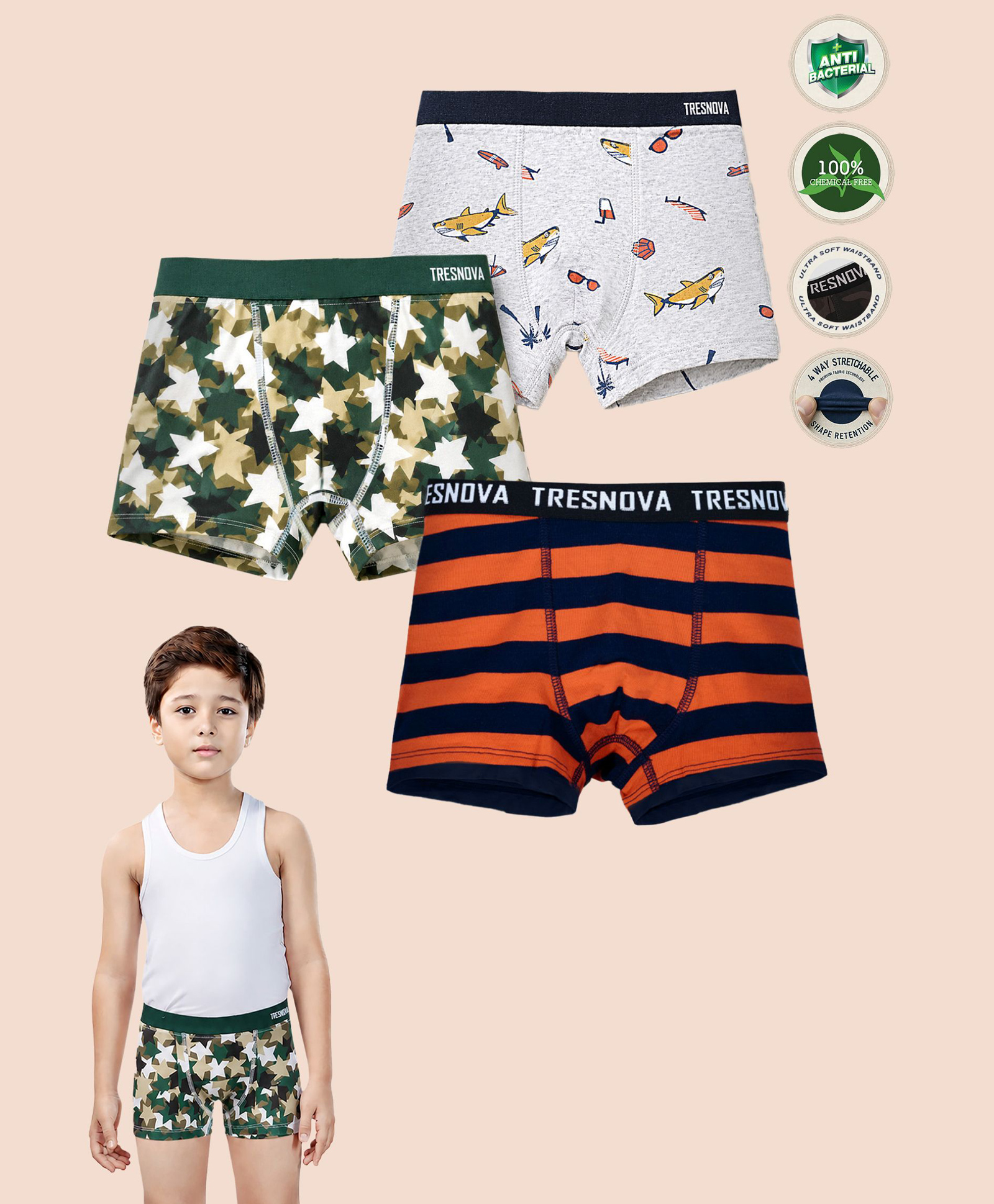 TRESNOVA Cotton Lycra Knit Pack Of 3 Striped Stars & Beach Theme Printed Boxers - Grey Green & Orange-picture-25