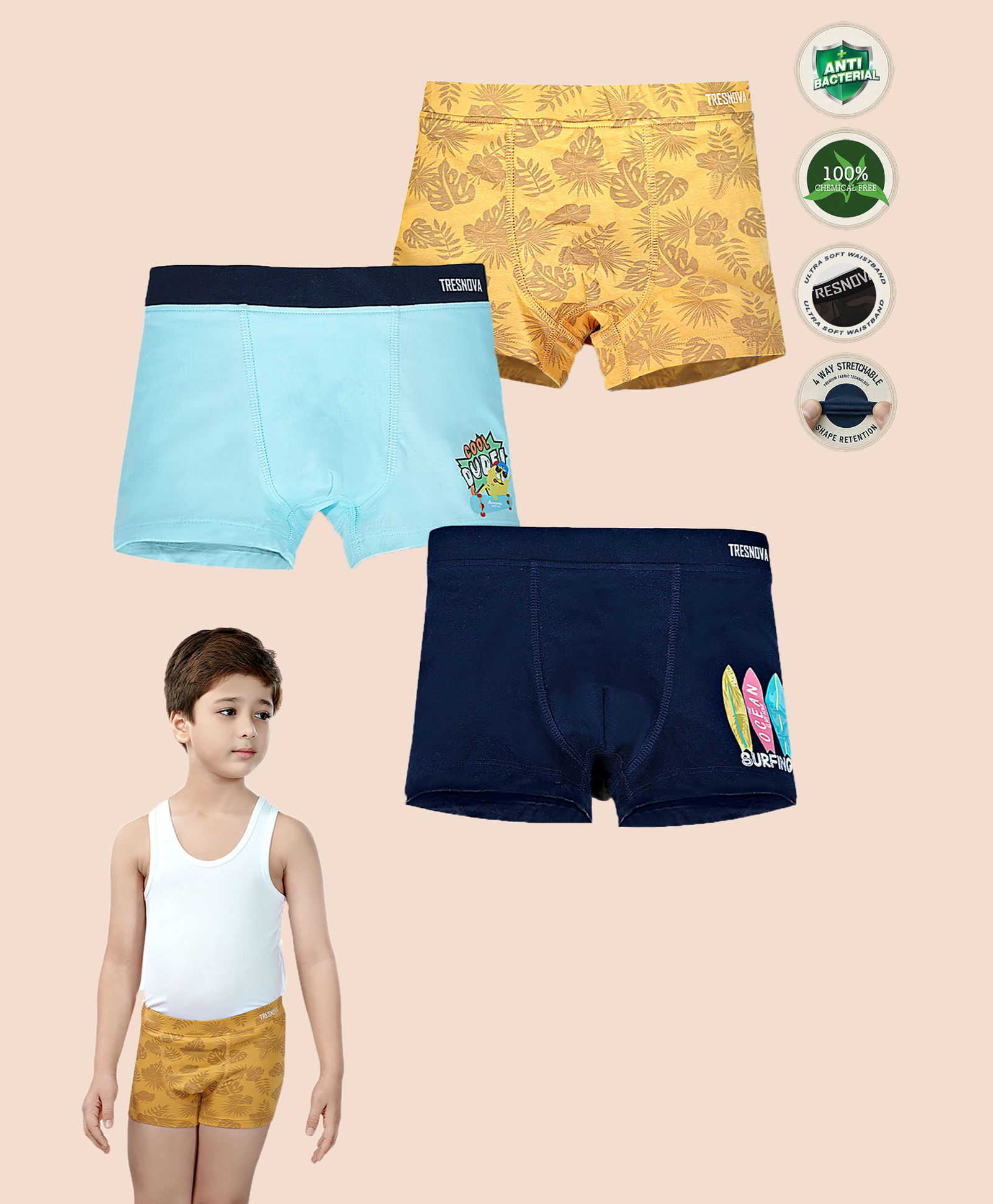 TRESNOVA Cotton Lycra Knit Pack Of 3 Leaves & Typography Printed Boxers - Yellow Blue & Navy Blue-picture-23