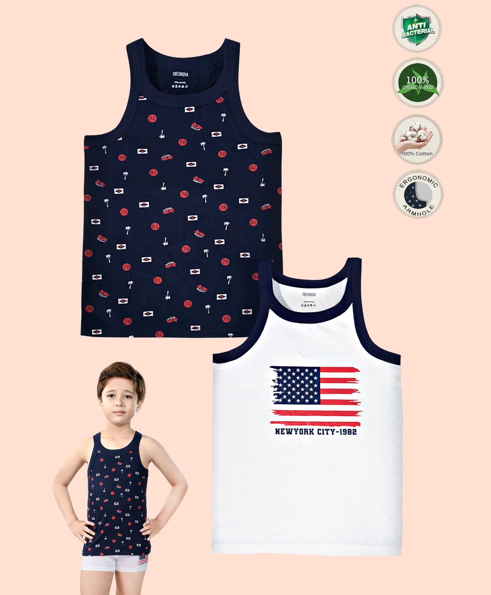TRESNOVA Cotton Knit Pack Of 2 Sleeveless Flag Number & Tree Printed Vests - Navy Blue & White-picture-12