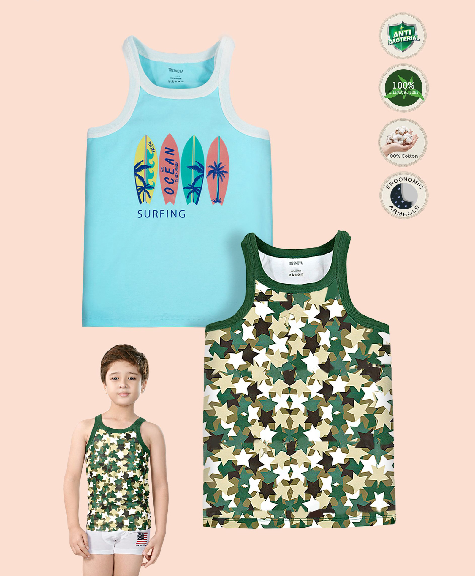 TRESNOVA Cotton Knit Pack Of 2 Sleeveless Stars & Surfing Text Printed Vests - Green & Blue-picture-13