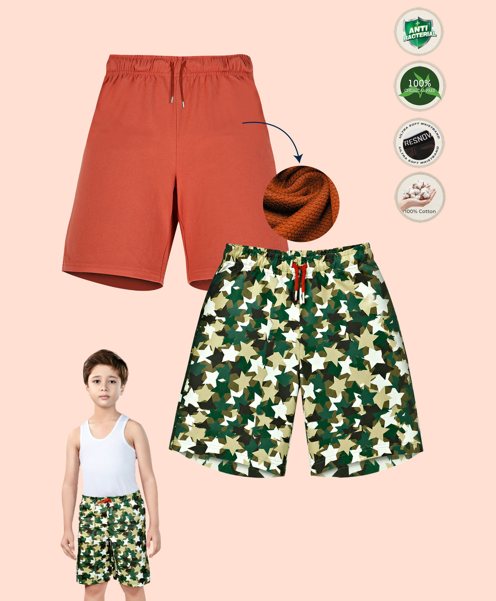 TRESNOVA Cotton Knit Pack Of 2 Solid & Stars Printed Shorts - Green & Orange-picture-17