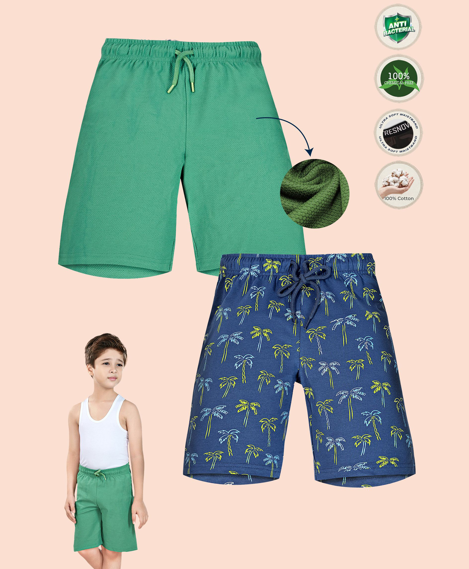TRESNOVA Cotton Knit Pack Of 2 Solid & Palm Trees Printed Shorts - Navy Blue & Green-picture-10
