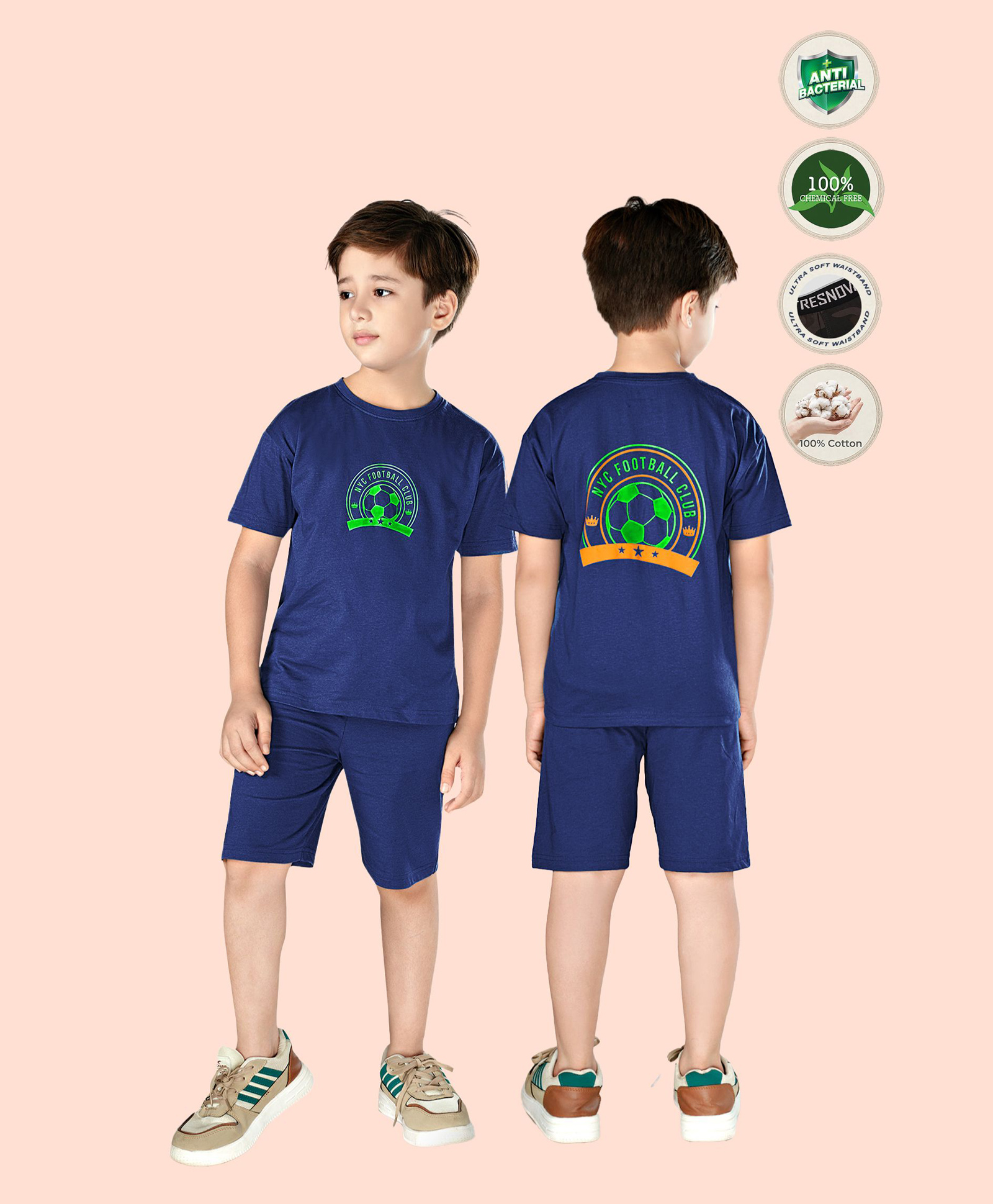 TRESNOVA Cotton Knit Half Sleeves Nyc Football Club Text Printed Tee & Shorts Night Suit - Navy Blue-picture-1