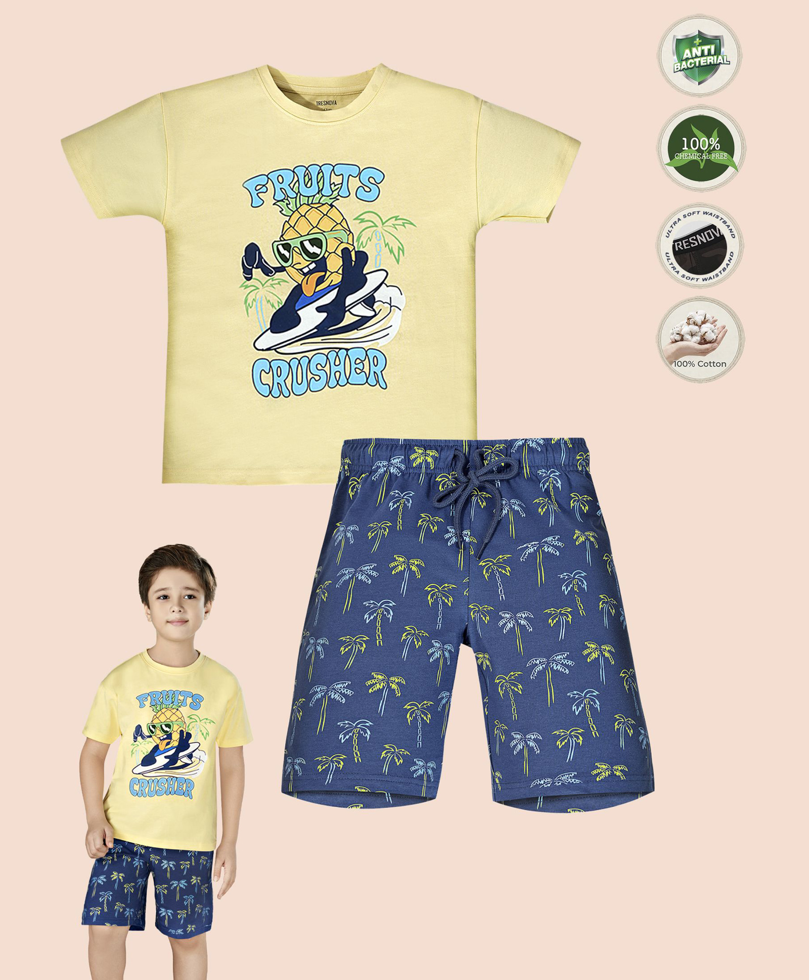 TRESNOVA Cotton Knit Half Sleeves Fruits Crusher Text Printed Tee & Shorts Night Suit - Yellow & Navy Blue-image-12