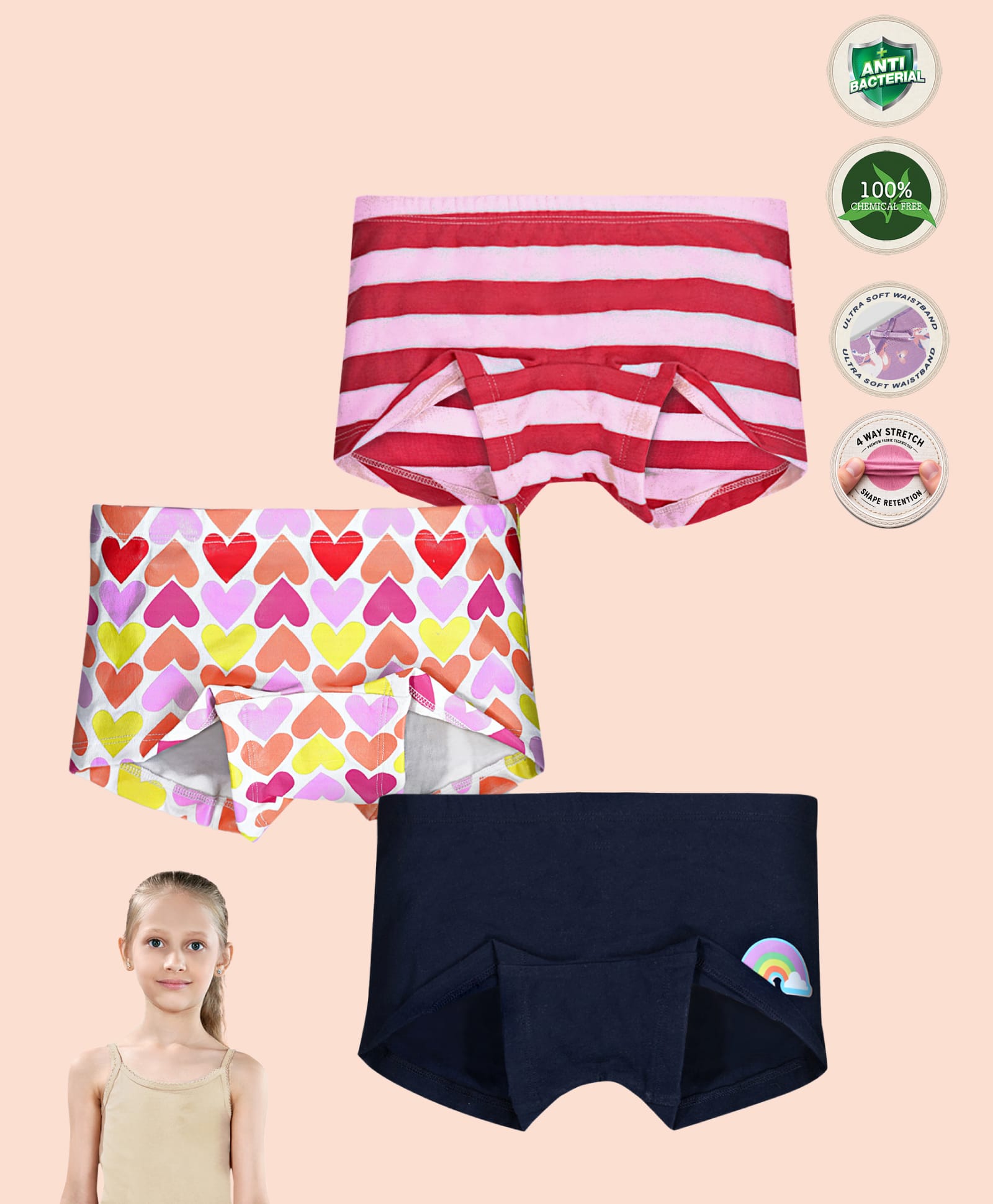TRESNOVA Cotton Lycra Knit Pack Of 3 Striped & Heart Printed Anti Bacterial Boyshorts - White Red & Navy Blue-picture-28