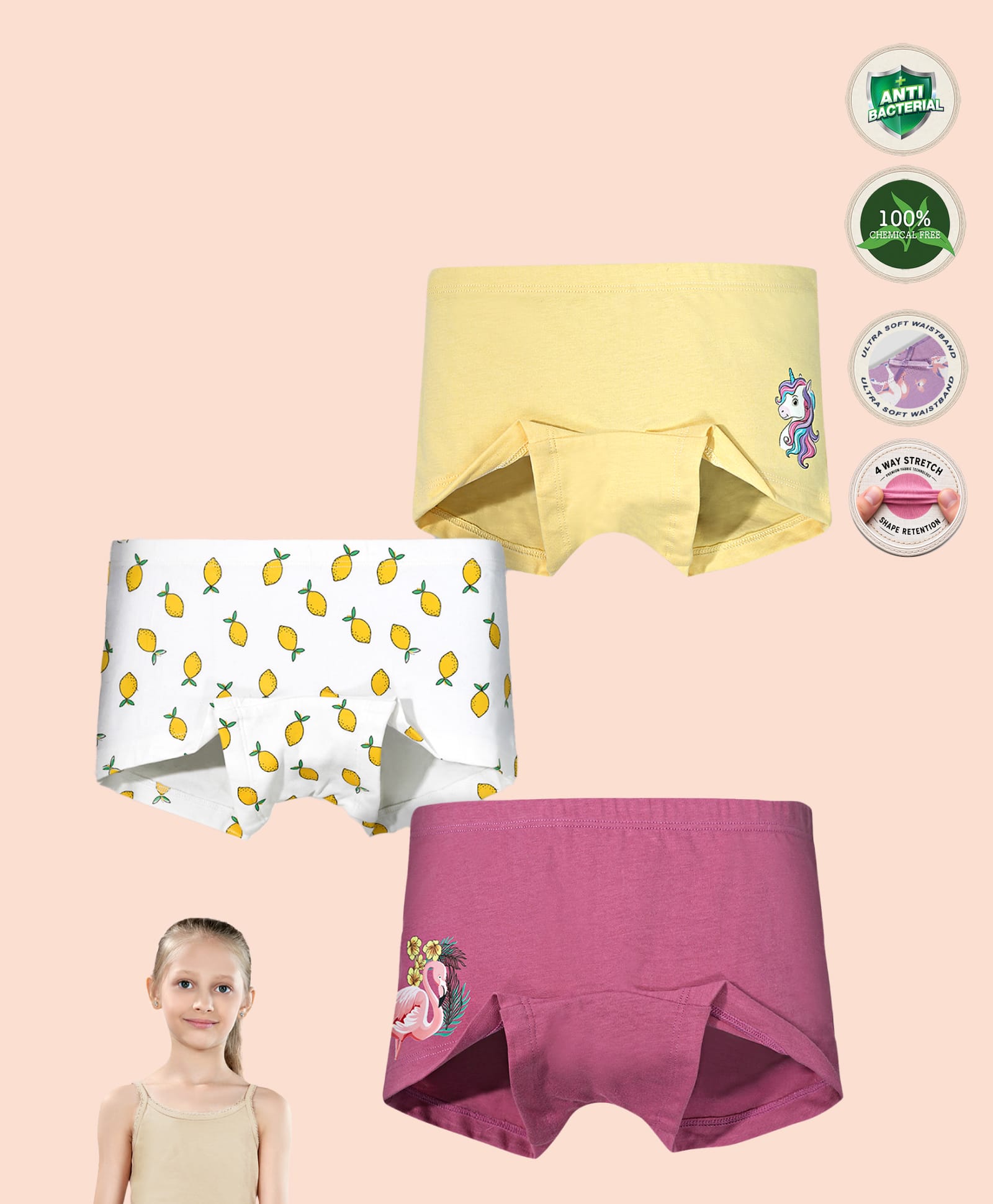 TRESNOVA Cotton Lycra Knit Pack Of 3 Lemons & Flamingo Printed Anti Bacterial Boyshorts - White Pink & Yellow-picture-30